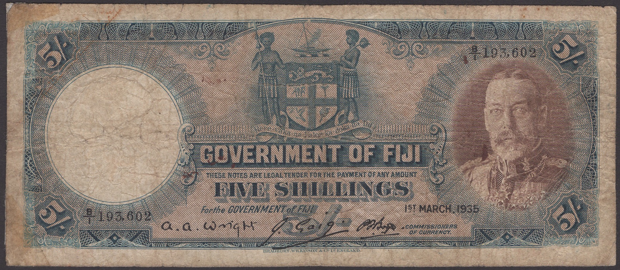 Government of Fiji, 5 Shillings, 1 March 1935, serial number B/1 193602, Wright, Craig and...