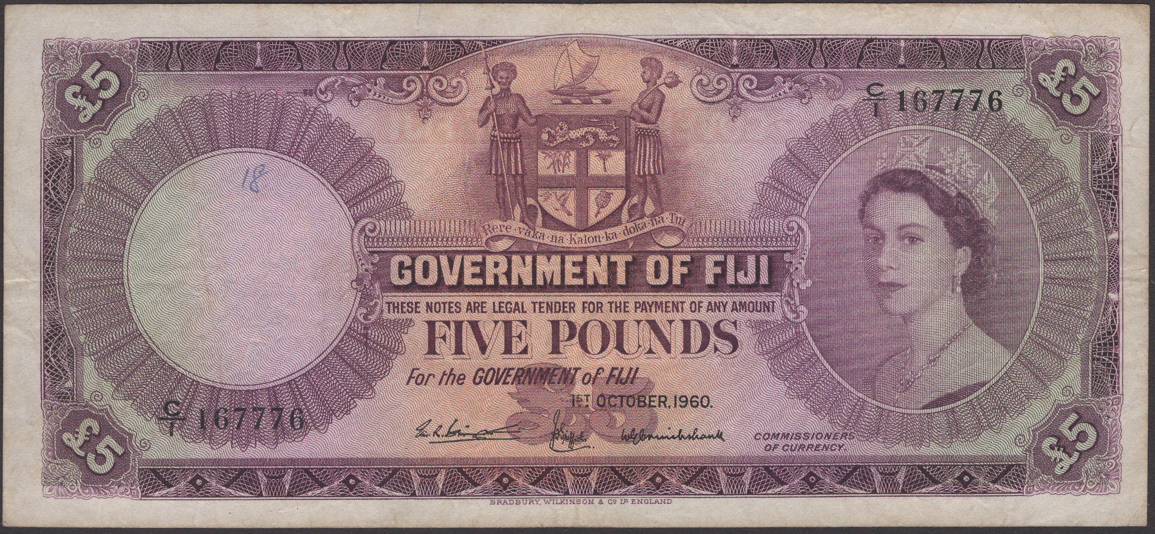 Government of Fiji, Â£5, 1 October 1960, serial number C/1 167776, Bevington, Griffiths and...