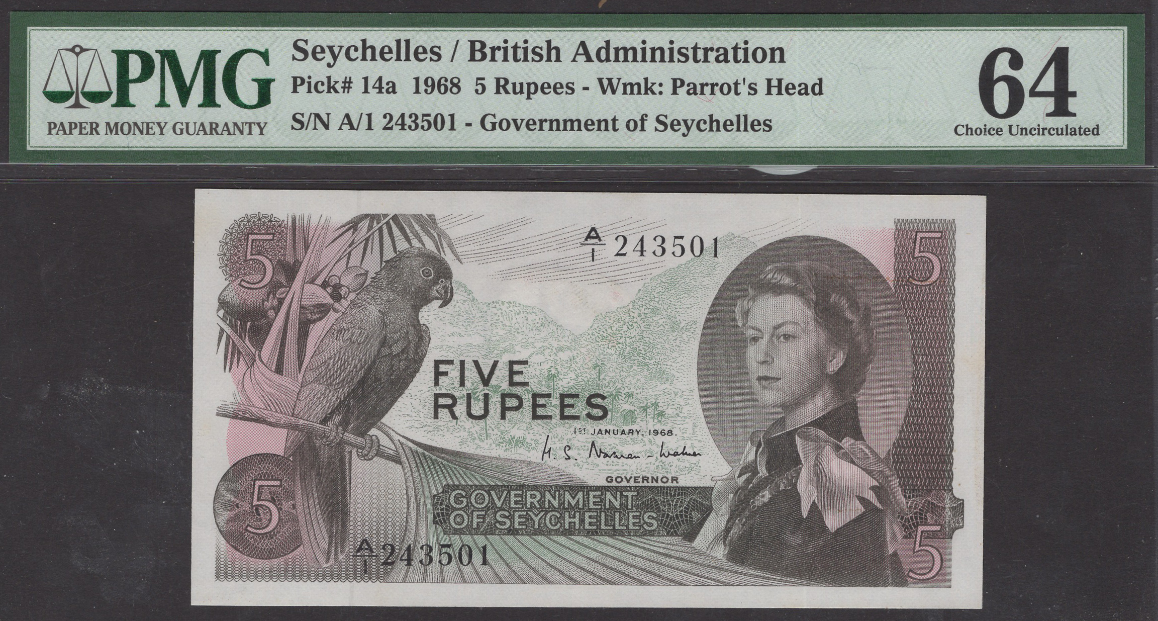 Government of Seychelles, 5 Rupees, 1 January 1968, serial number A/1 243501, in PMG holder...