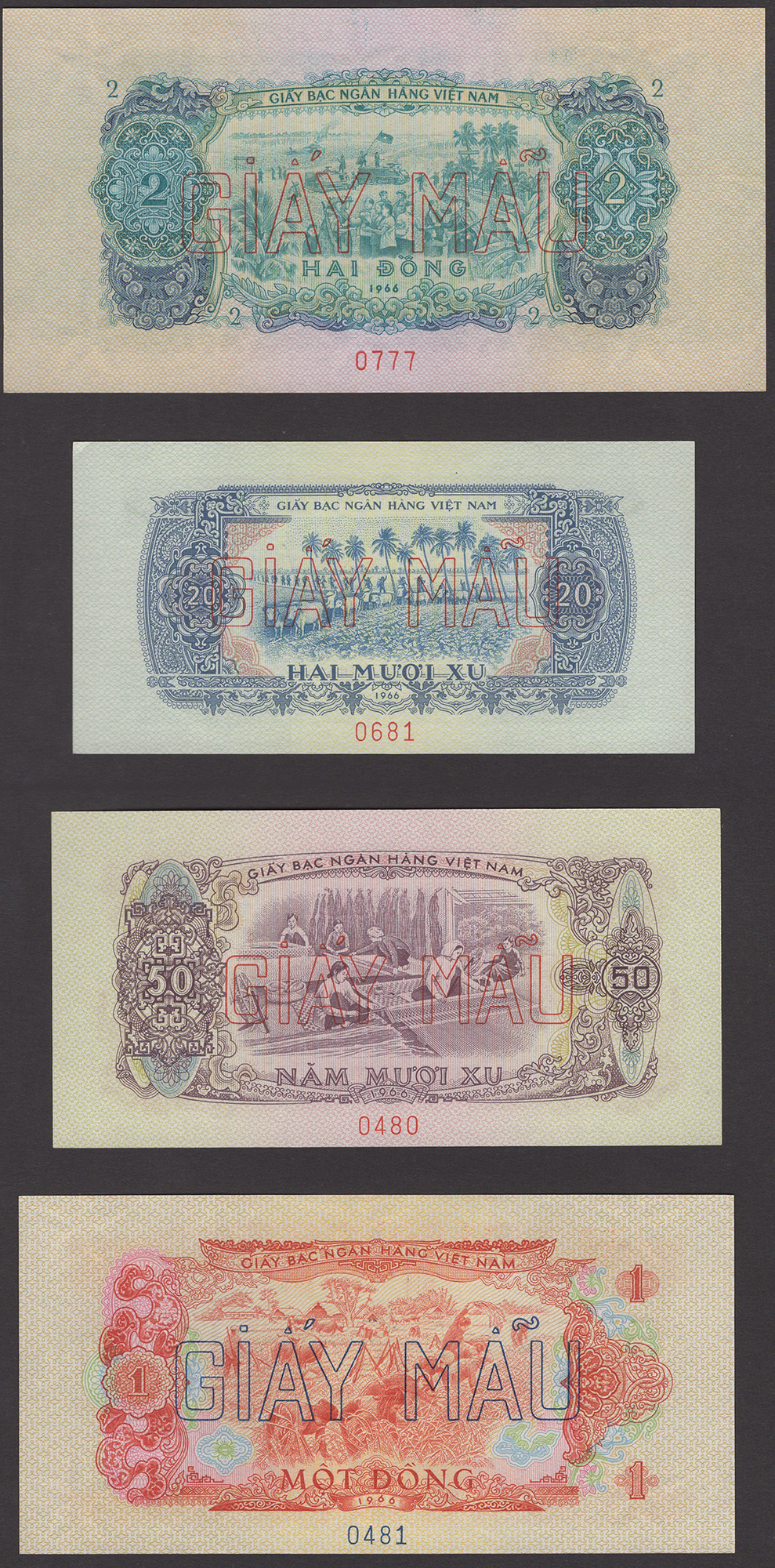 Bank of Vietnam, specimen 10, 20 and 50 Xu and 1, 2, 5, 10 and 50 Dong, 1966, zero serial... - Bild 4 aus 4