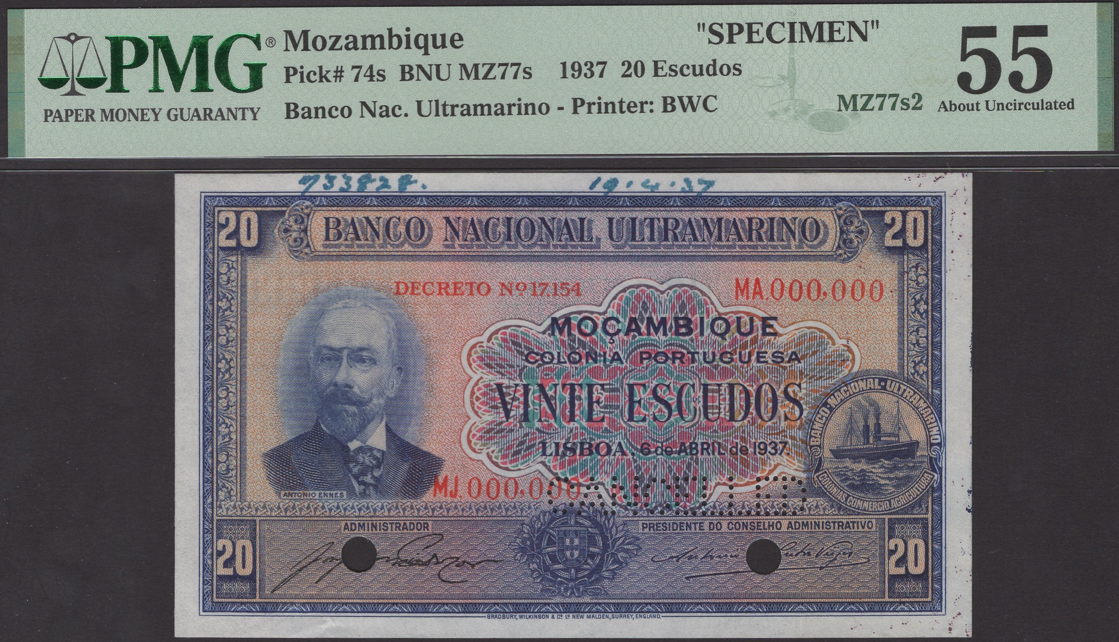 Banco Nacional Ultramarino, Mozambique, specimen 20 Escudos, 6 April 1937, serial numbers...