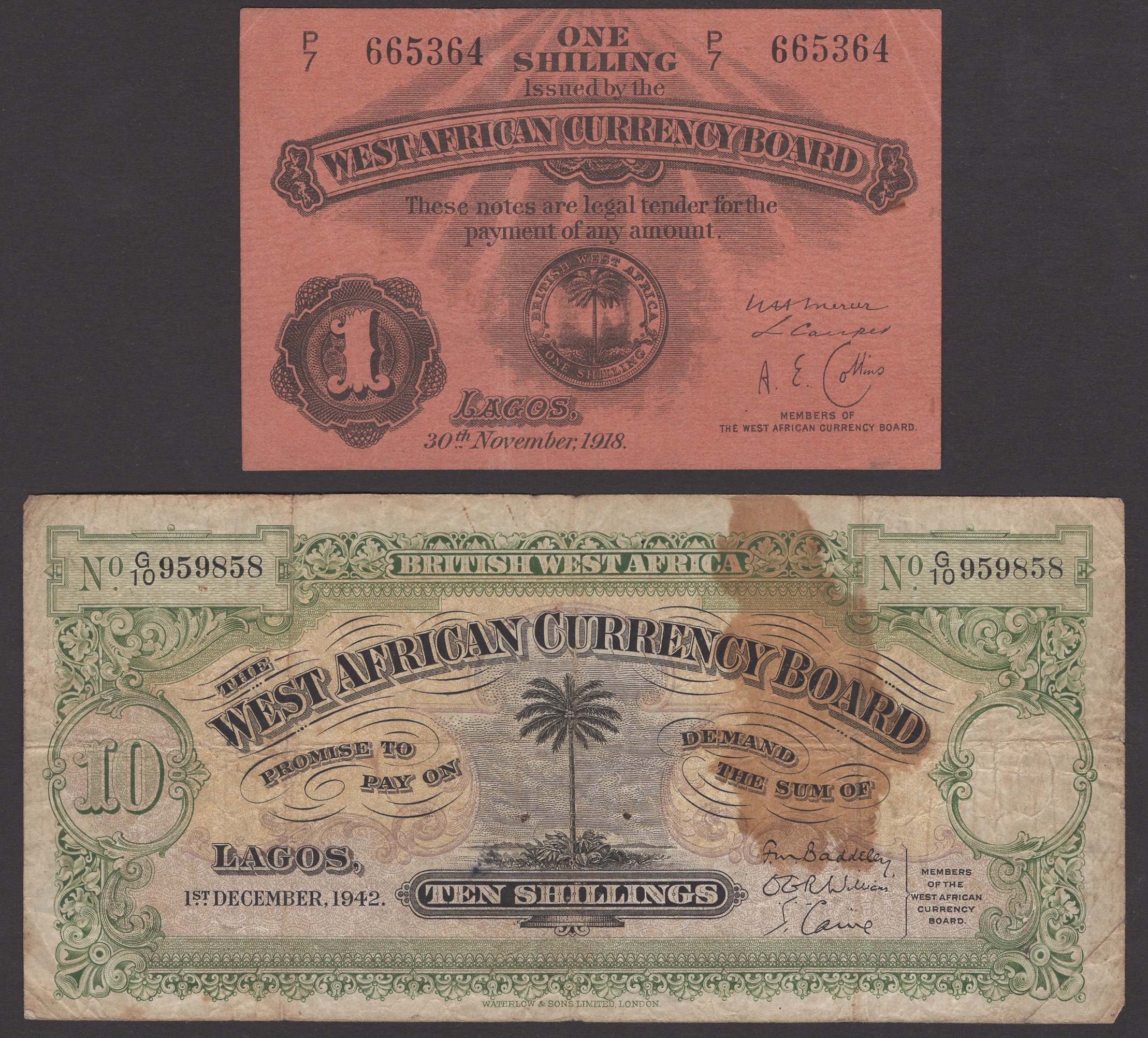 West African Currency Board, 1 Shilling, 30 November 1918, serial number P/7 665364, also...