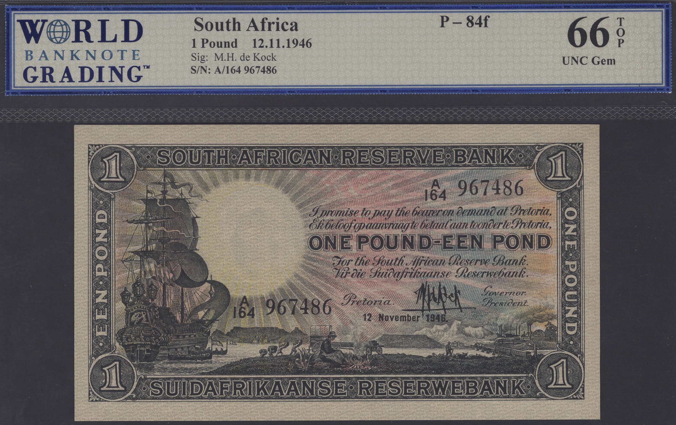 South African Reserve Bank, Â£1, 12 November 1946, serial number A/164 967486, de Kock...