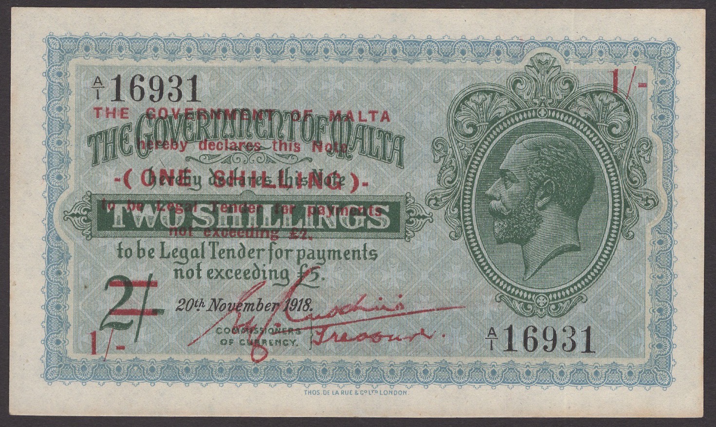 Government of Malta, 1 Shilling on 2 Shillings (2), 20 November 1918 (1940), prefix A/1,... - Image 2 of 3