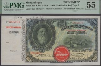 Banco Nacional Ultramarino, Mozambique, printers archival specimen 2500 Reis, 1 March 1909,...