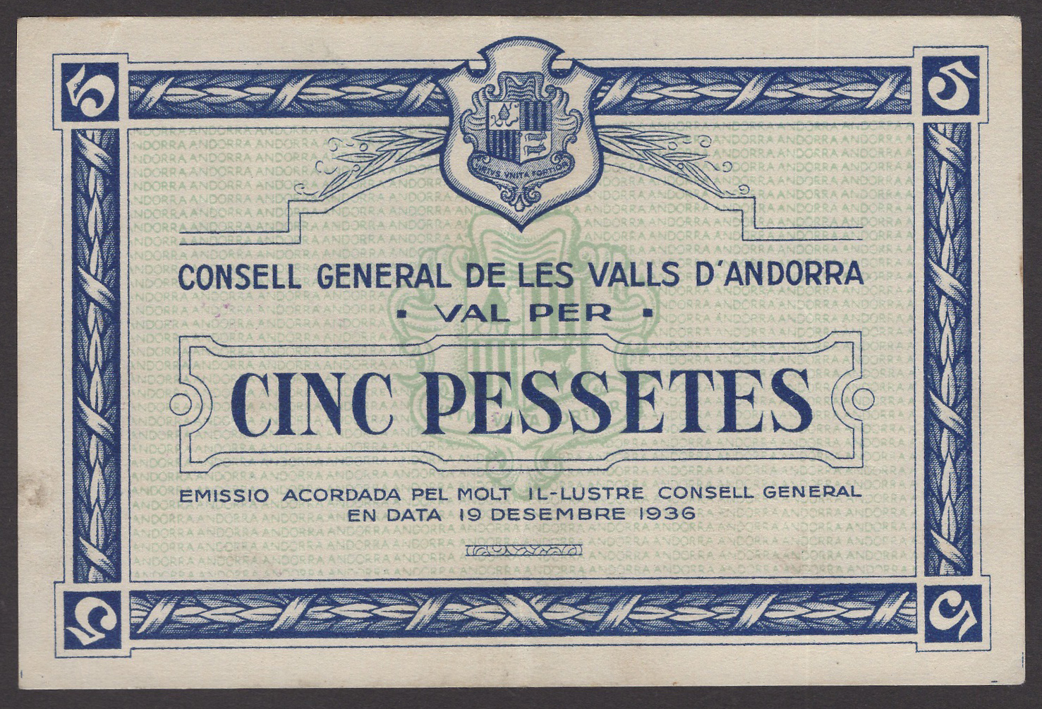 Consell General De Les Valls D'Andorra, 5 Pessetes, 19 December 1936, serial number 10621,...