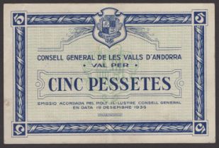 Consell General De Les Valls D'Andorra, 5 Pessetes, 19 December 1936, serial number 10621,...