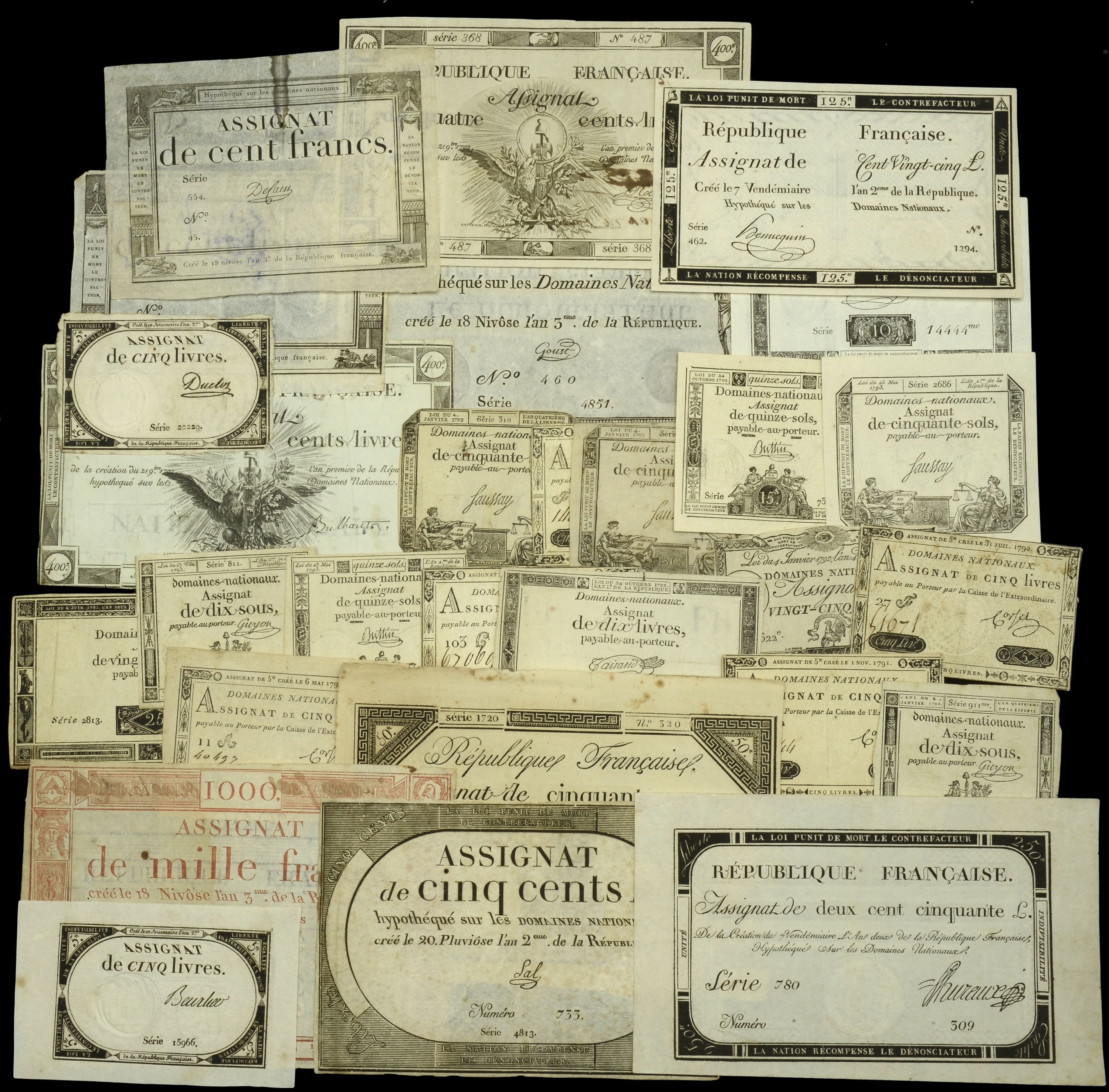 Domaines Nationaux, Assignats, France, a selection comprising 10, 15, 50 (2), 5 Sols, 1792,...