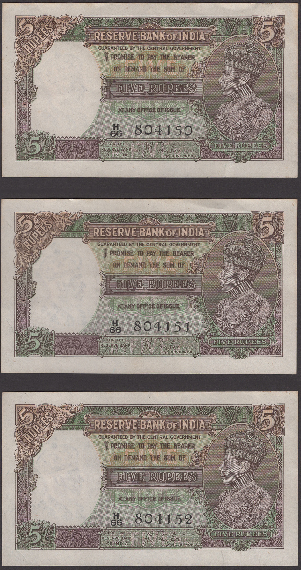 Reserve Bank of India, 5 Rupees (7), ND (1937), consecutive serial numbers H/66 804150-56,...