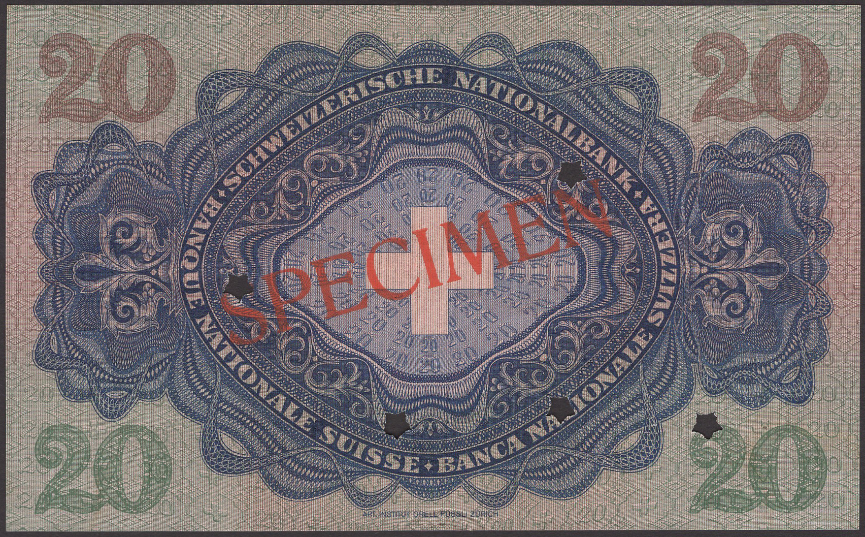 Schweiserische Nationalbank, specimen 20 Franken, 11 April 1935, series 7O, red SPECIMEN... - Bild 2 aus 2