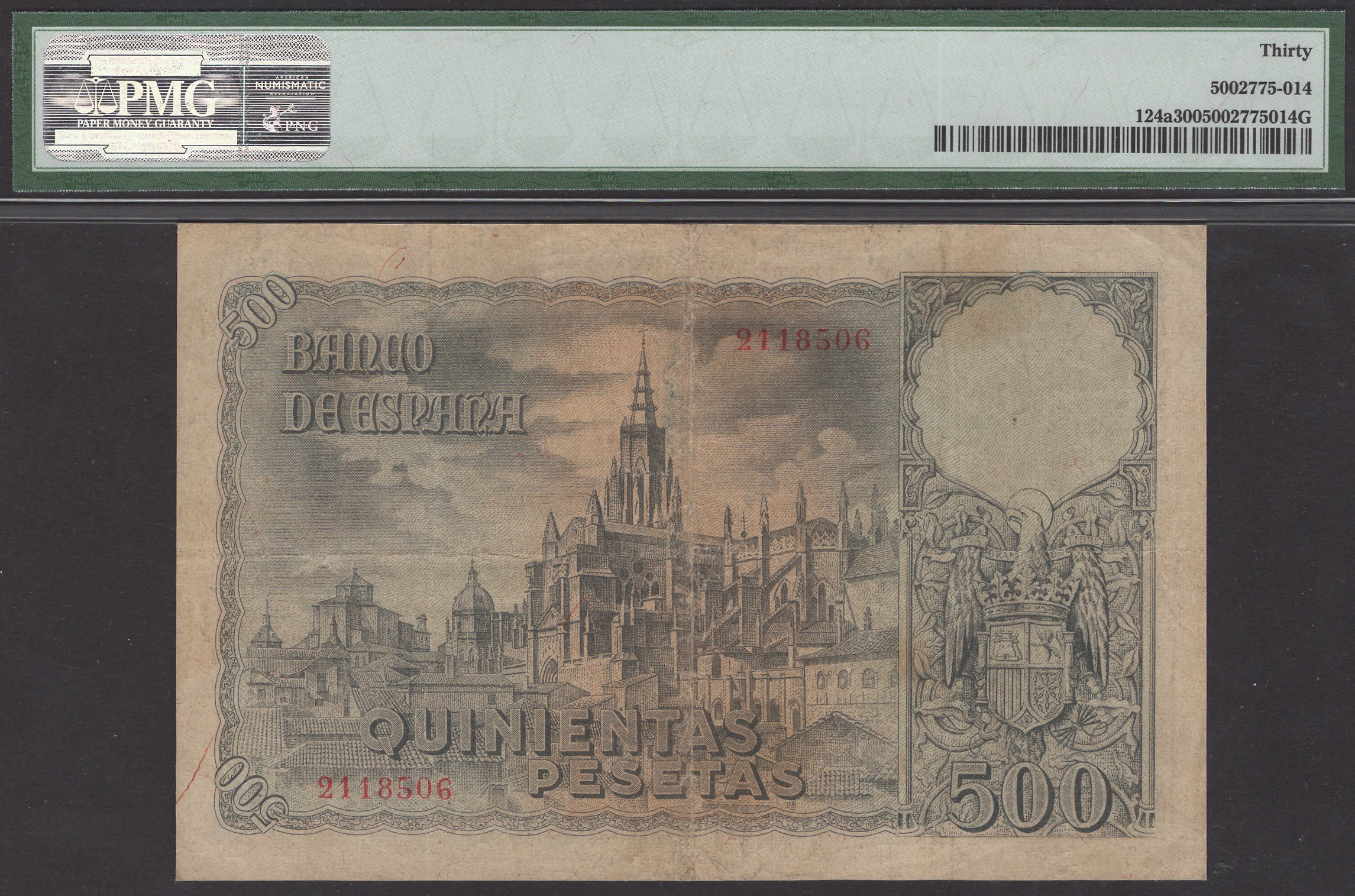 Banco de Espana, 500 Pesetas, 21 October 1940, serial number 2118506, in PMG holder 30,... - Bild 2 aus 2