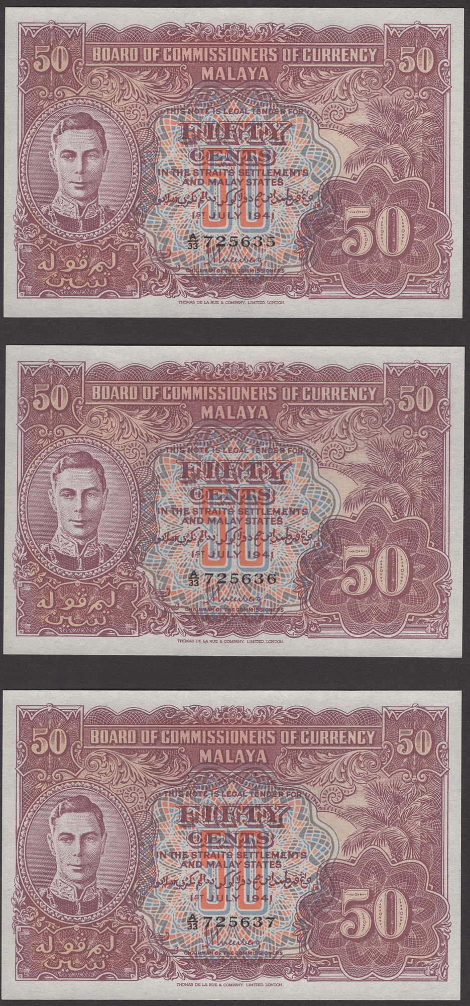 Board of Commissioners of Currency Malaya, 50 Cents (3), 1 July 1941, serial numbers A/33...