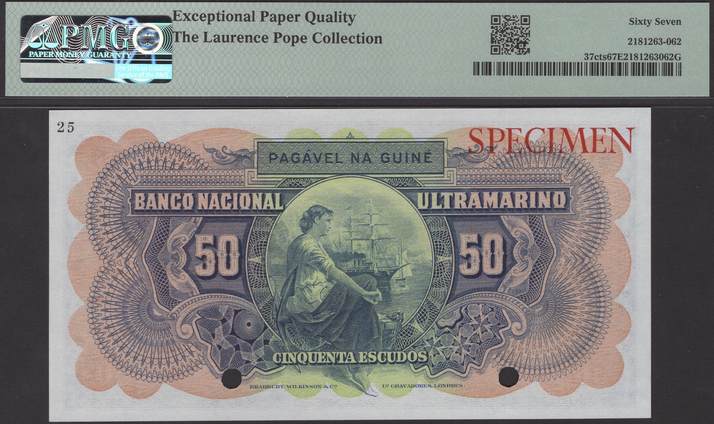 Banco Nacional Ultramarino, Portuguese Guinea, colour trial 50 Escudos, ND (1958), serial... - Image 2 of 2