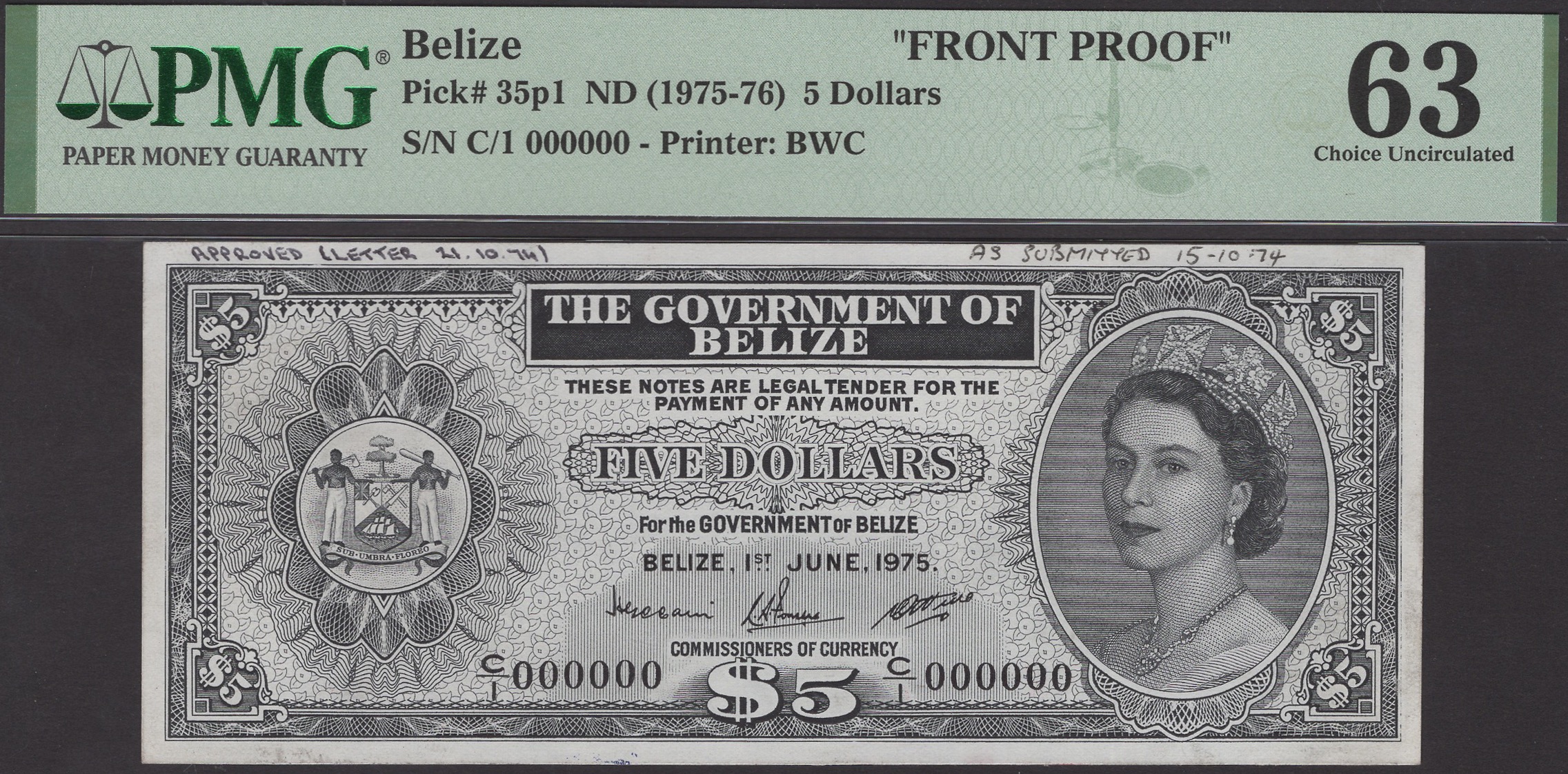 Government of Belize, obverse black and white die proof for $5,1 June 1975, serial number...