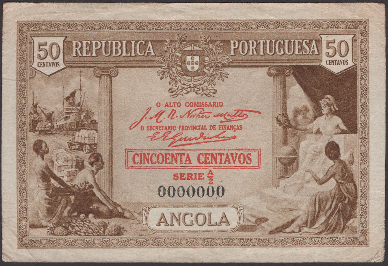 Republica Portuguesa, Angola, specimen 50 Centavos, 1923, serial number A/2 0000000, and...