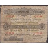 Government of Ceylon, 5 Rupees, 1 September 1922, serial number B/18 76296, low right...