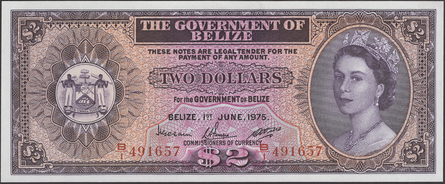 Government of Belize, $2, 1 June 1975, serial number B/1 491657, an original...