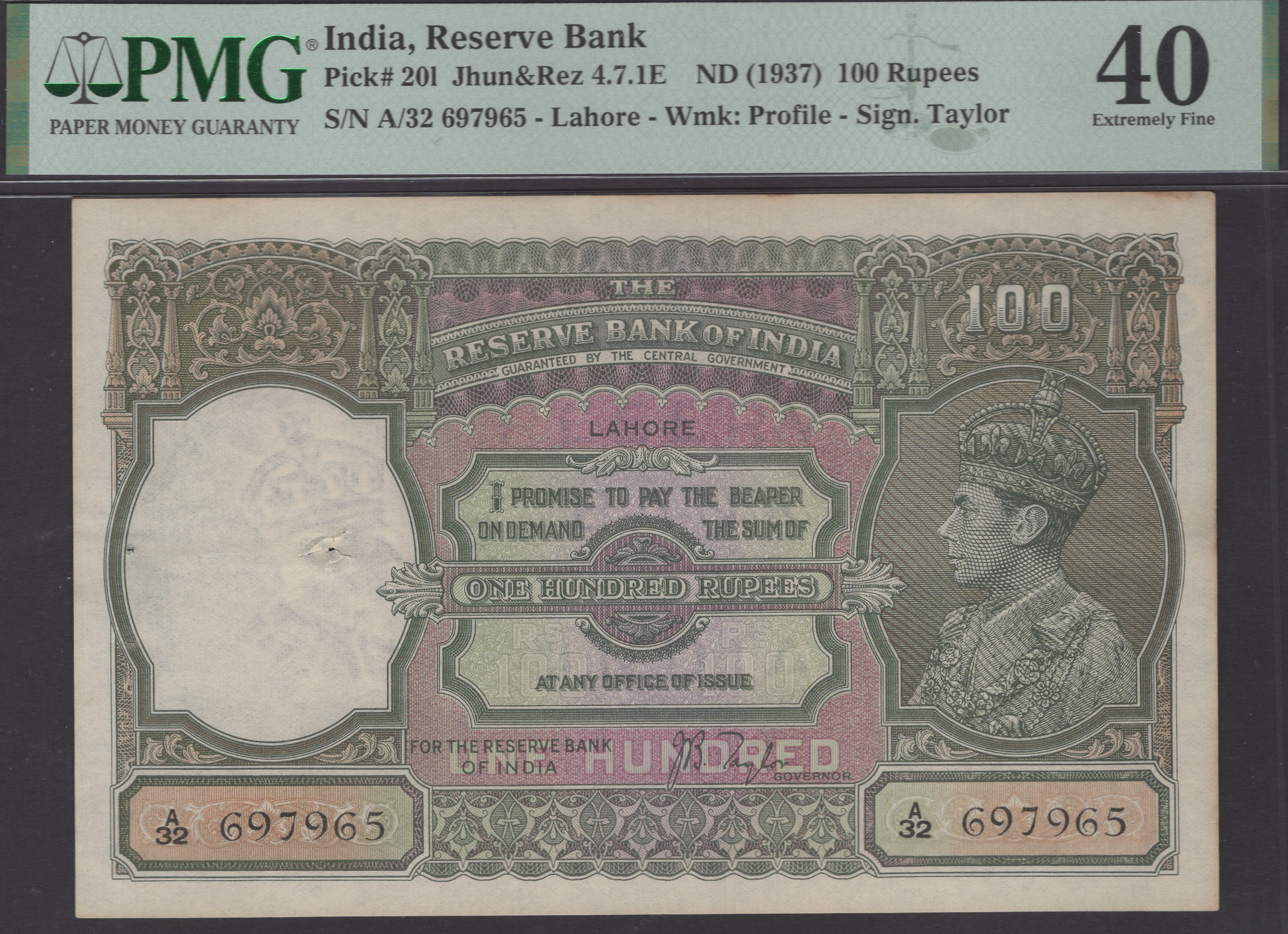 Reserve Bank of India, 100 Rupees, Lahore, ND (1937), serial number A/32 697965, Taylor...