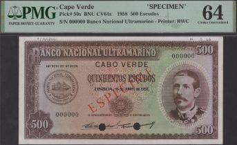 Banco Nacional Ultramarino, Cape Verde, specimen 500 Escudos, ND (1958), serial number...