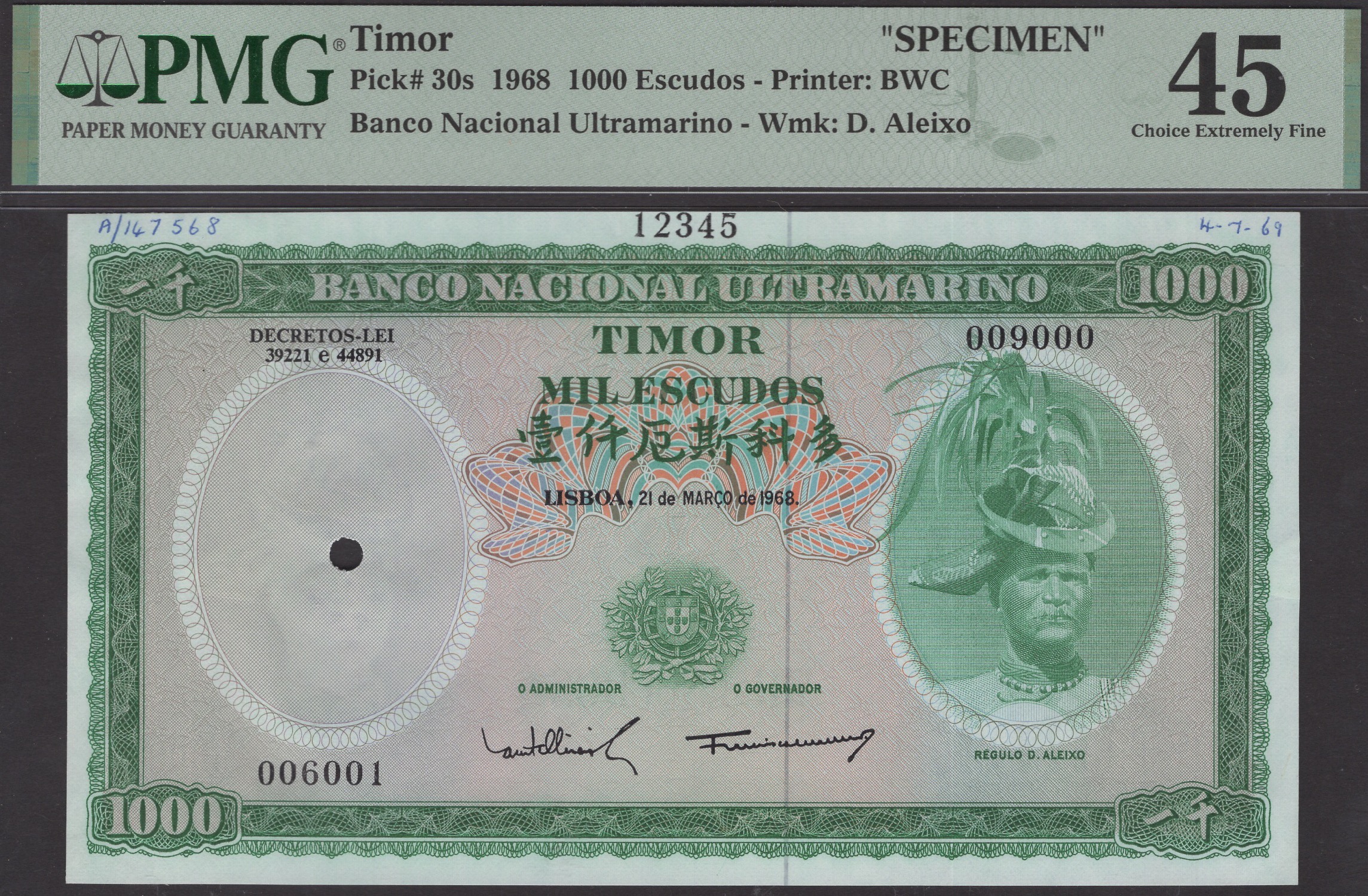 Banco Nacional Ultramarino, Timor, printers archival specimens 1000 Escudos (2), 21 March... - Bild 3 aus 4