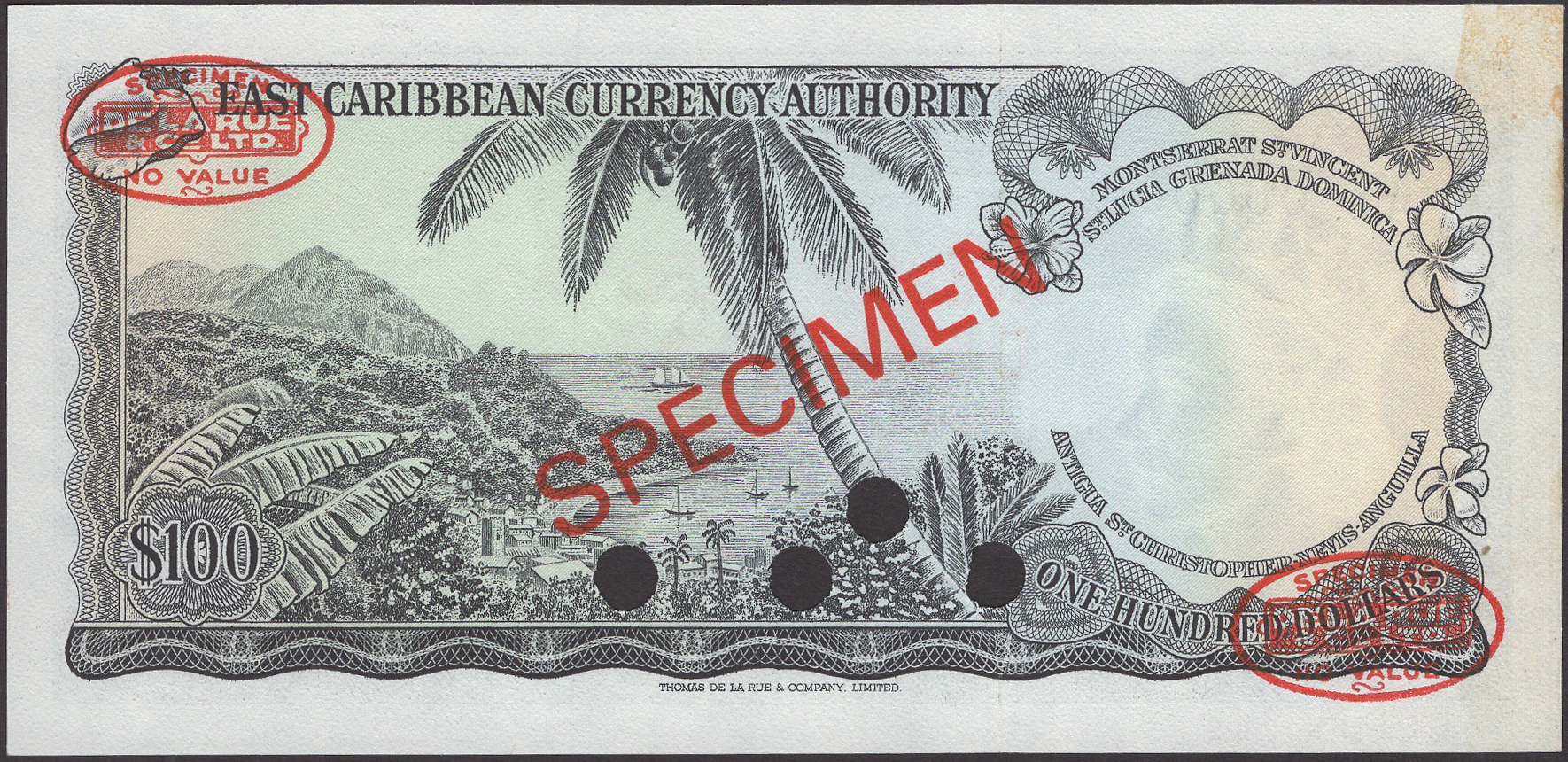East Caribbean Currency Authority, specimen $100, ND (1974), serial number A1 000000,... - Image 2 of 2