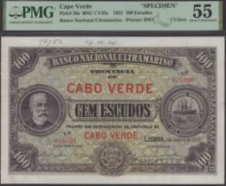 Banco Nacional Ultramarino, Cape Verde, printers archival specimen 100 Escudos, 1 January...