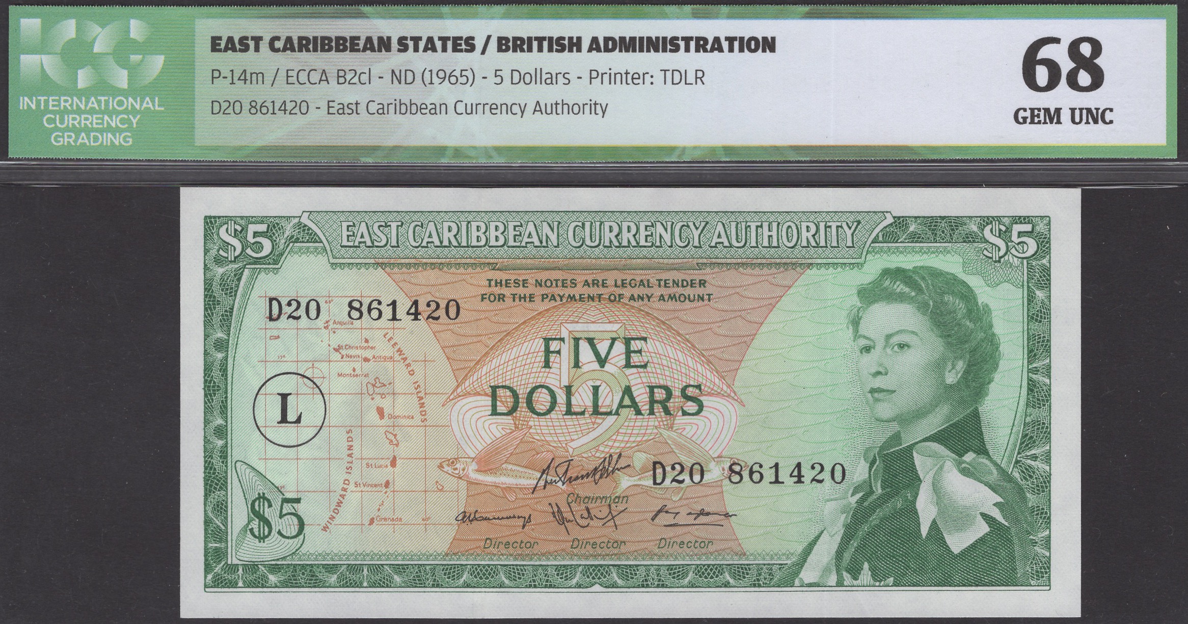 East Caribbean Currency Authority, $5, ND (1965), serial number D20 861420, L in field at...