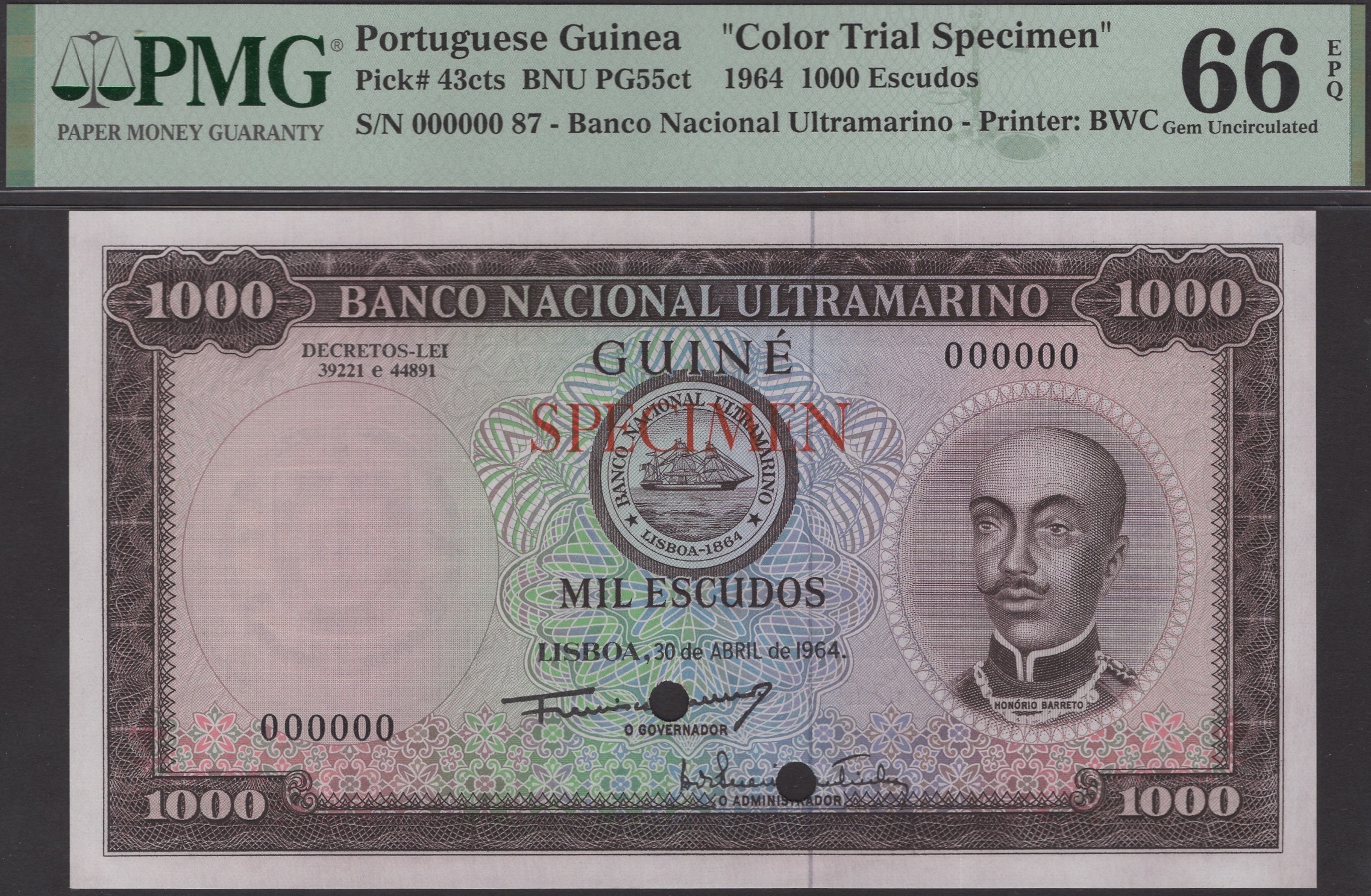 Banco Nacional Ultramarino, Portuguese Guinea, colour trial 1000 Escudos, 30 April 1964,...