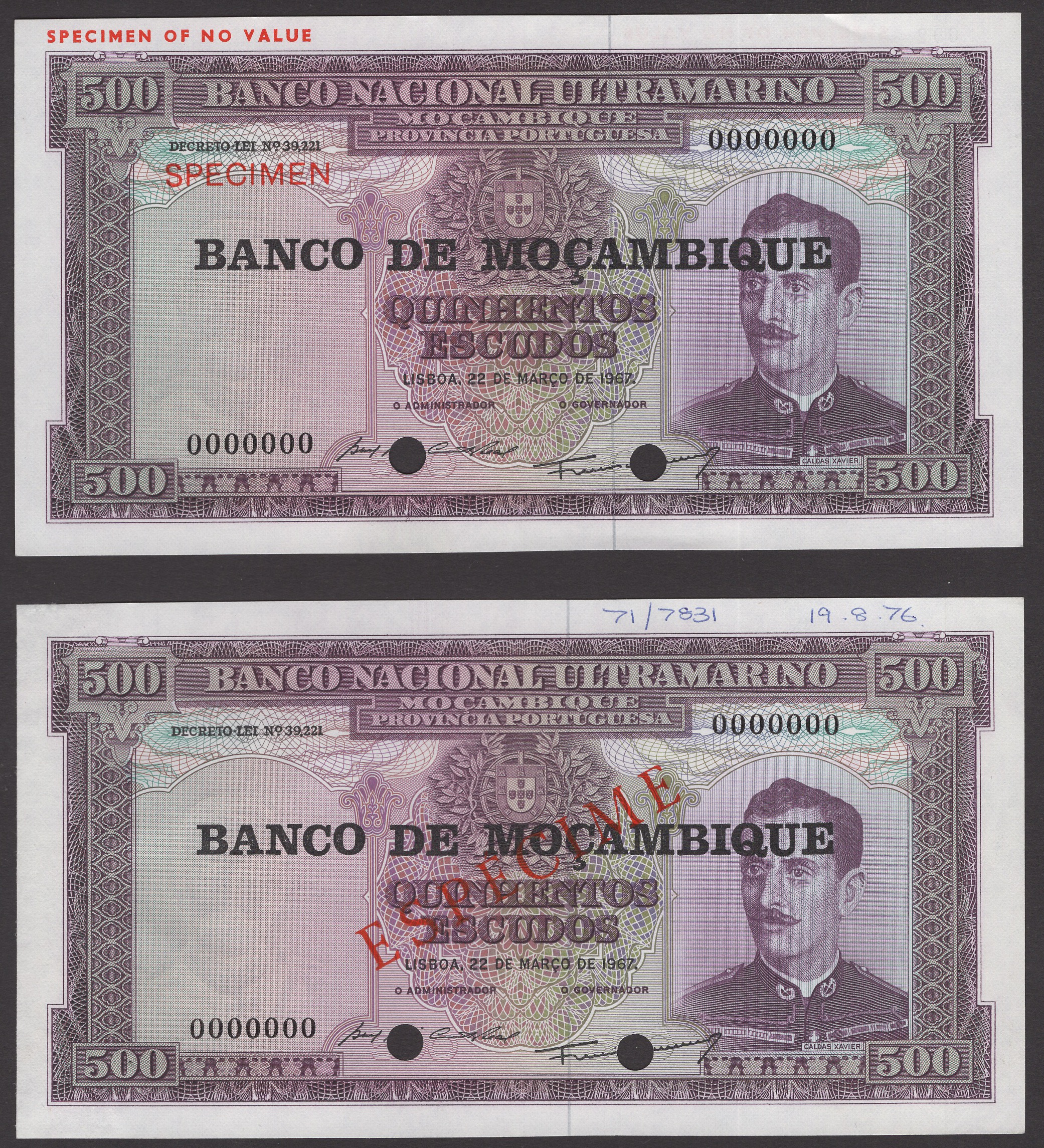 Banco de Mocambique, specimen 500 Escudos (2), 22 March 1967 (1976), serial number 0000000,...