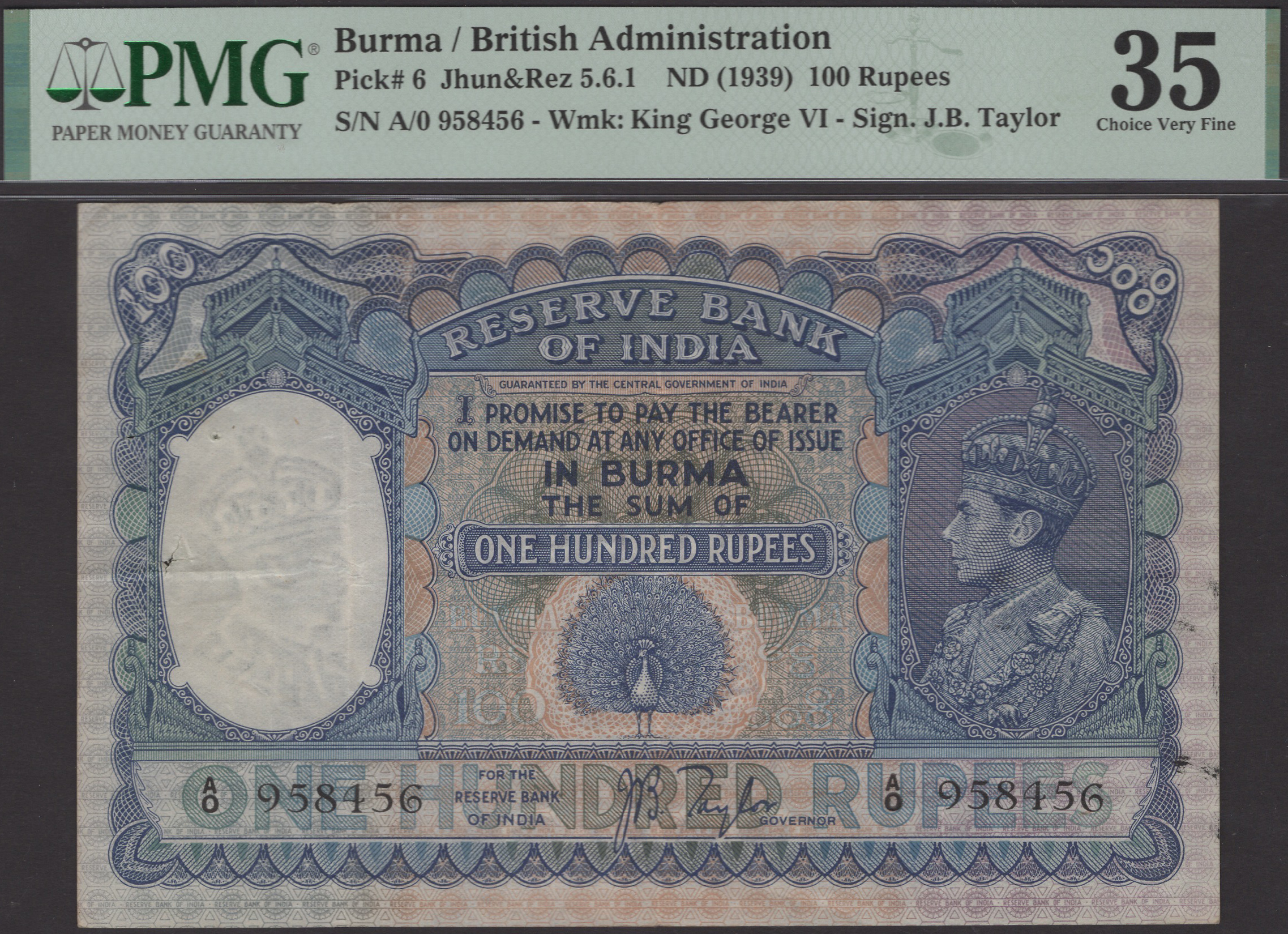 Reserve Bank of India, Burma, 100 Rupees, ND (1939), serial number A/O 958456, Taylor...