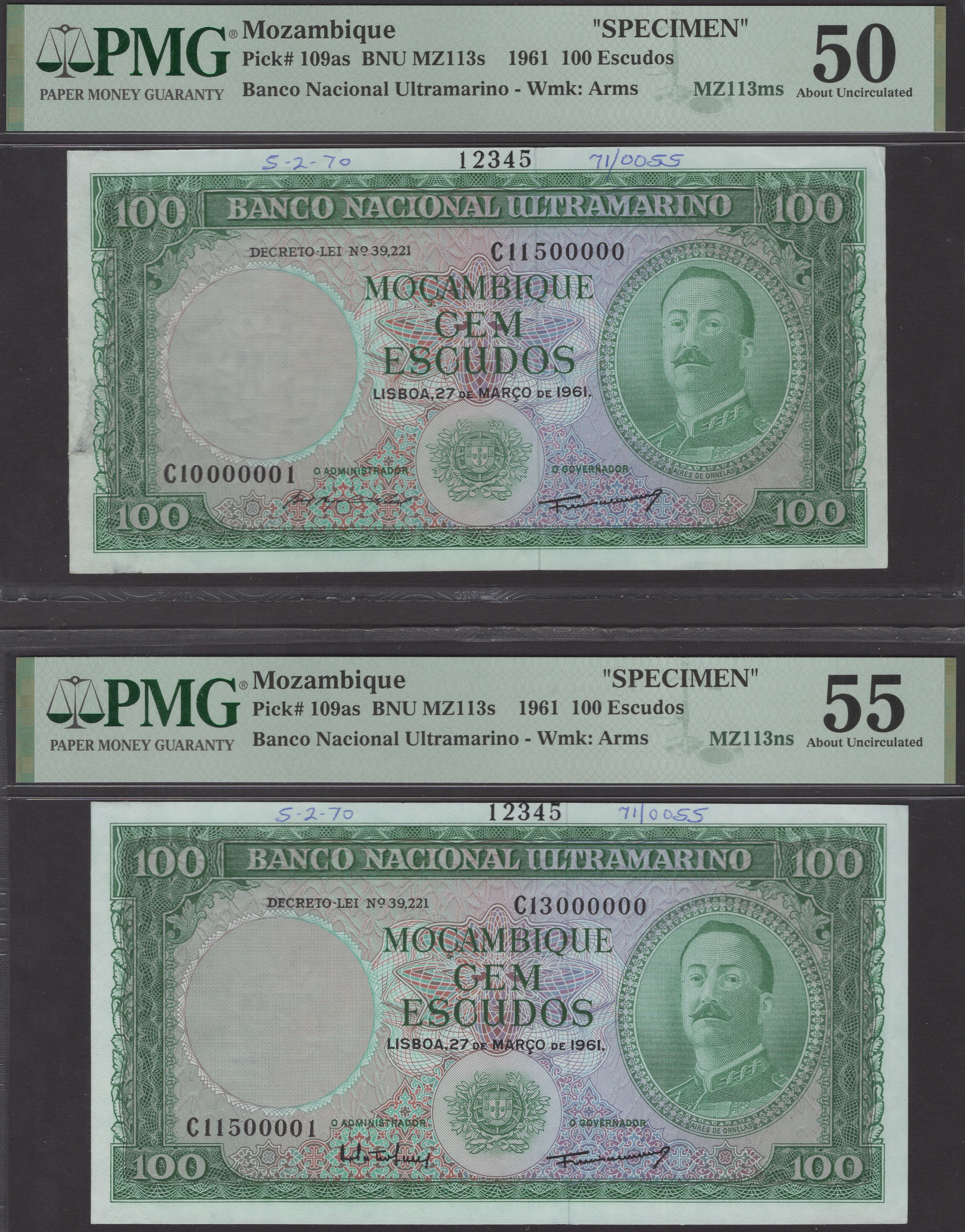 Banco Nacional Ultramarino, Mozambique, printers archival specimens for 100 Escudos (4), 27... - Bild 3 aus 4