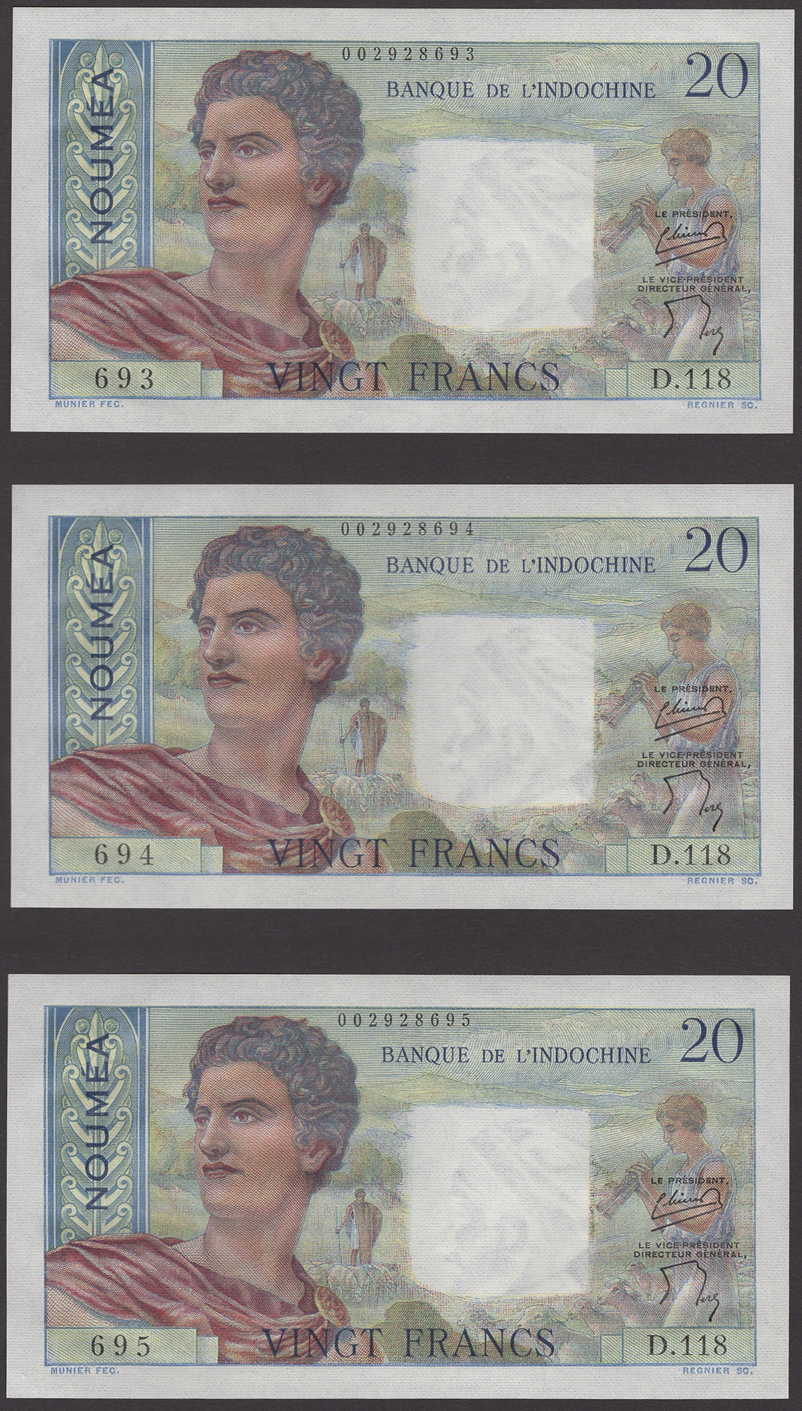 Banque de l'Indochine, New Caledonia, 20 Francs (5), ND (1951), serial number D.118 684-85... - Image 3 of 4