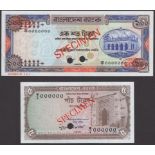 Bangladesh Bank, specimen 5 Taka, ND (1978), zero serial numbers, also specimen 100 Taka,...