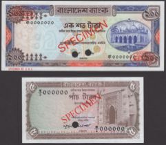 Bangladesh Bank, specimen 5 Taka, ND (1978), zero serial numbers, also specimen 100 Taka,...