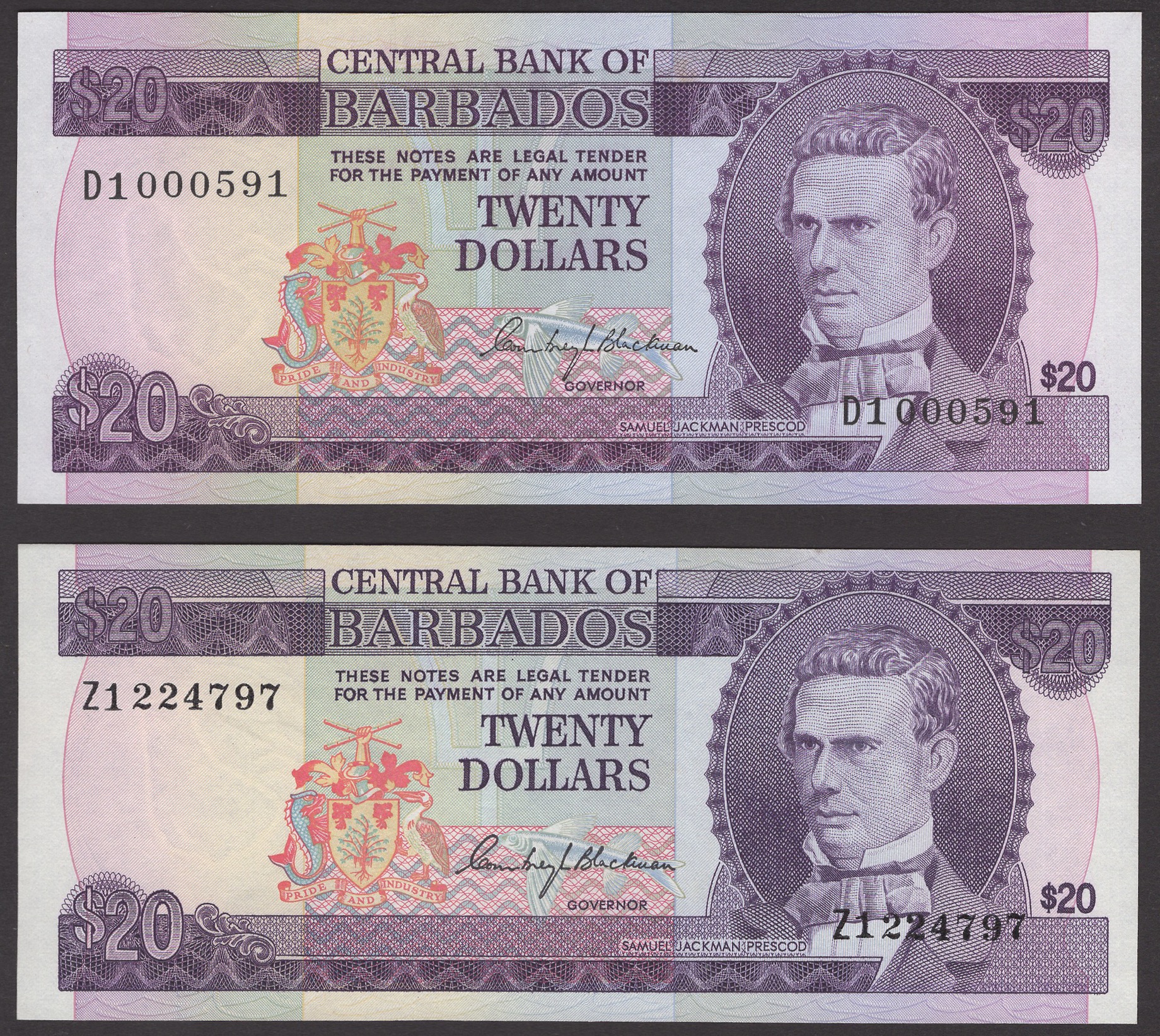 Central Bank of Barbados, $20, ND (1973), serial number D1 000591, Blackman signature, also...