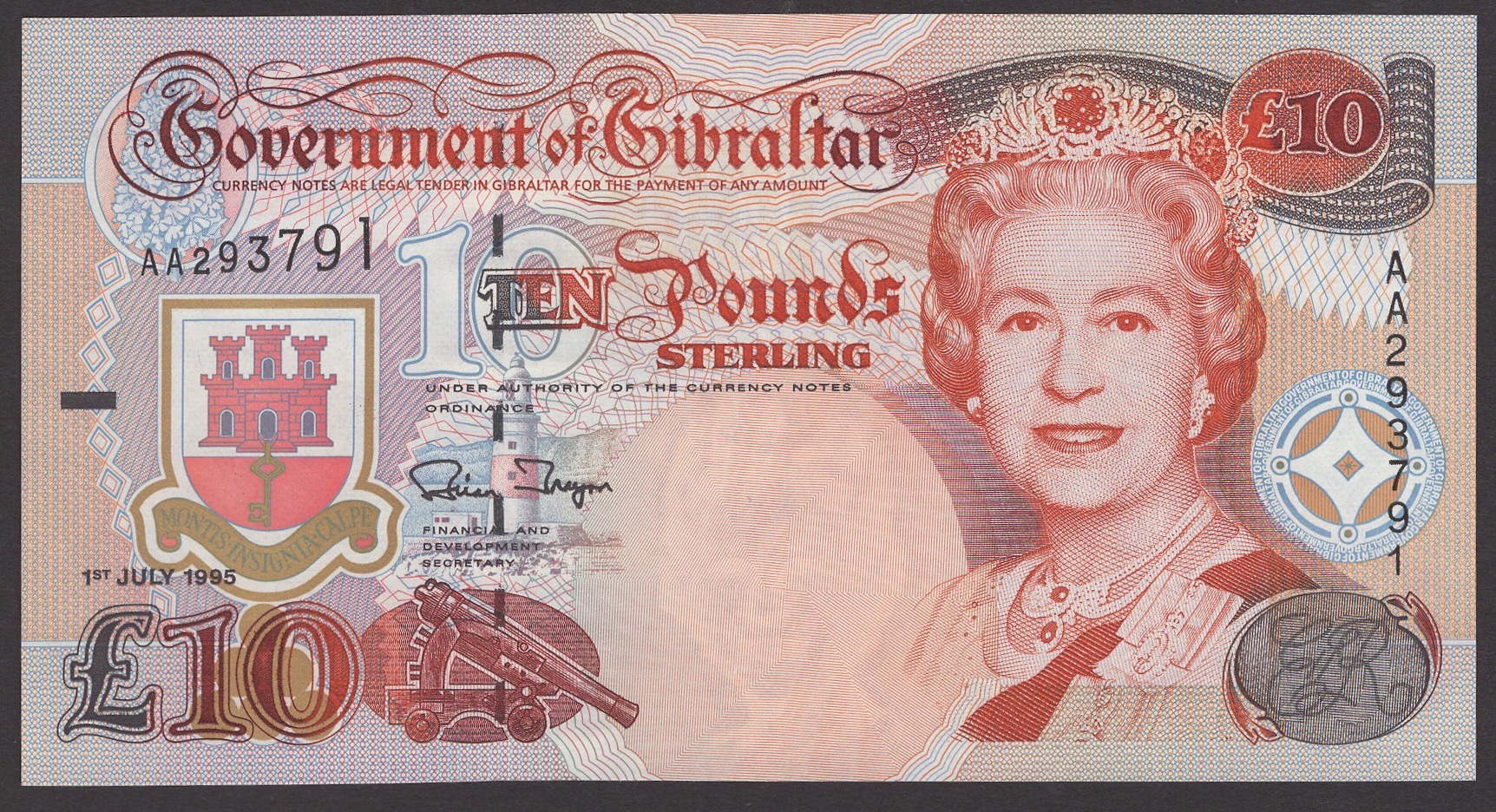 Government of Gibraltar, Â£10 (5), 1 July 1995, prefix AA, Traynor signature, also Â£20... - Image 5 of 6