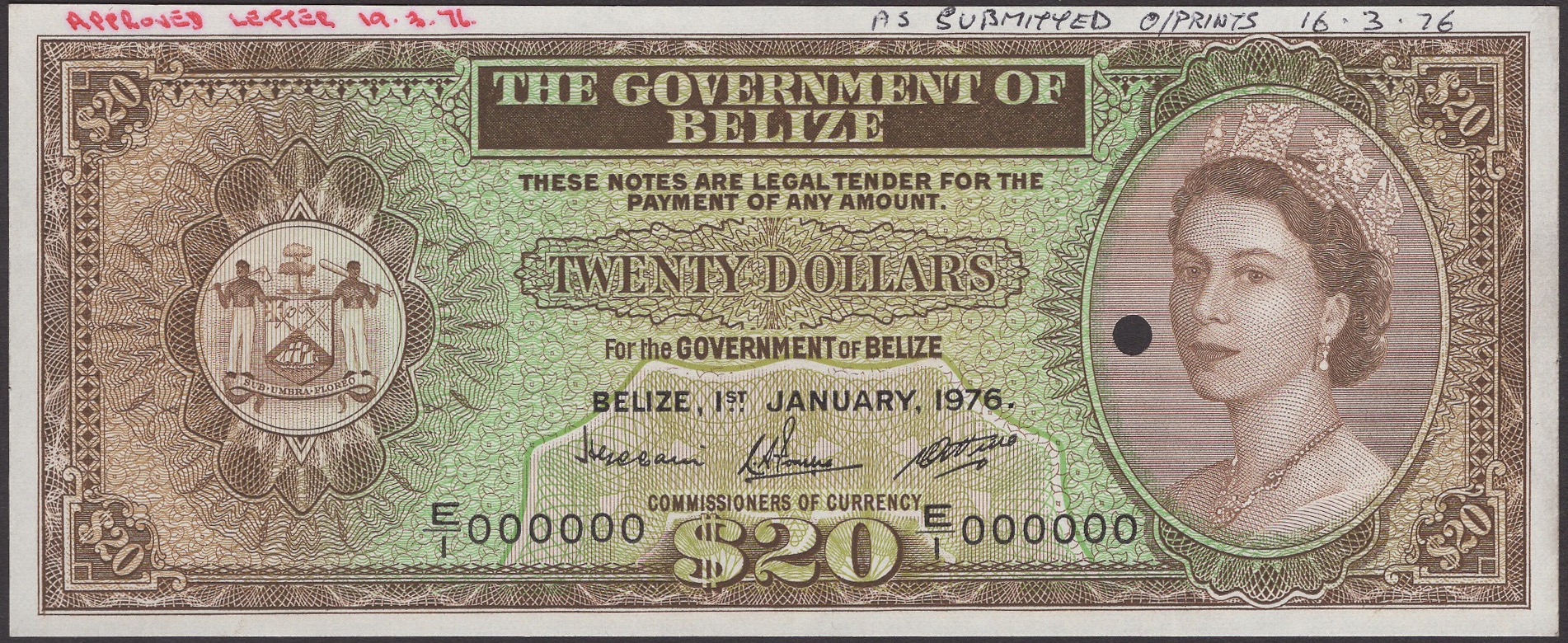 Government of Belize, proof $20, 1 January 1976, serial number E/1 000000, one small...