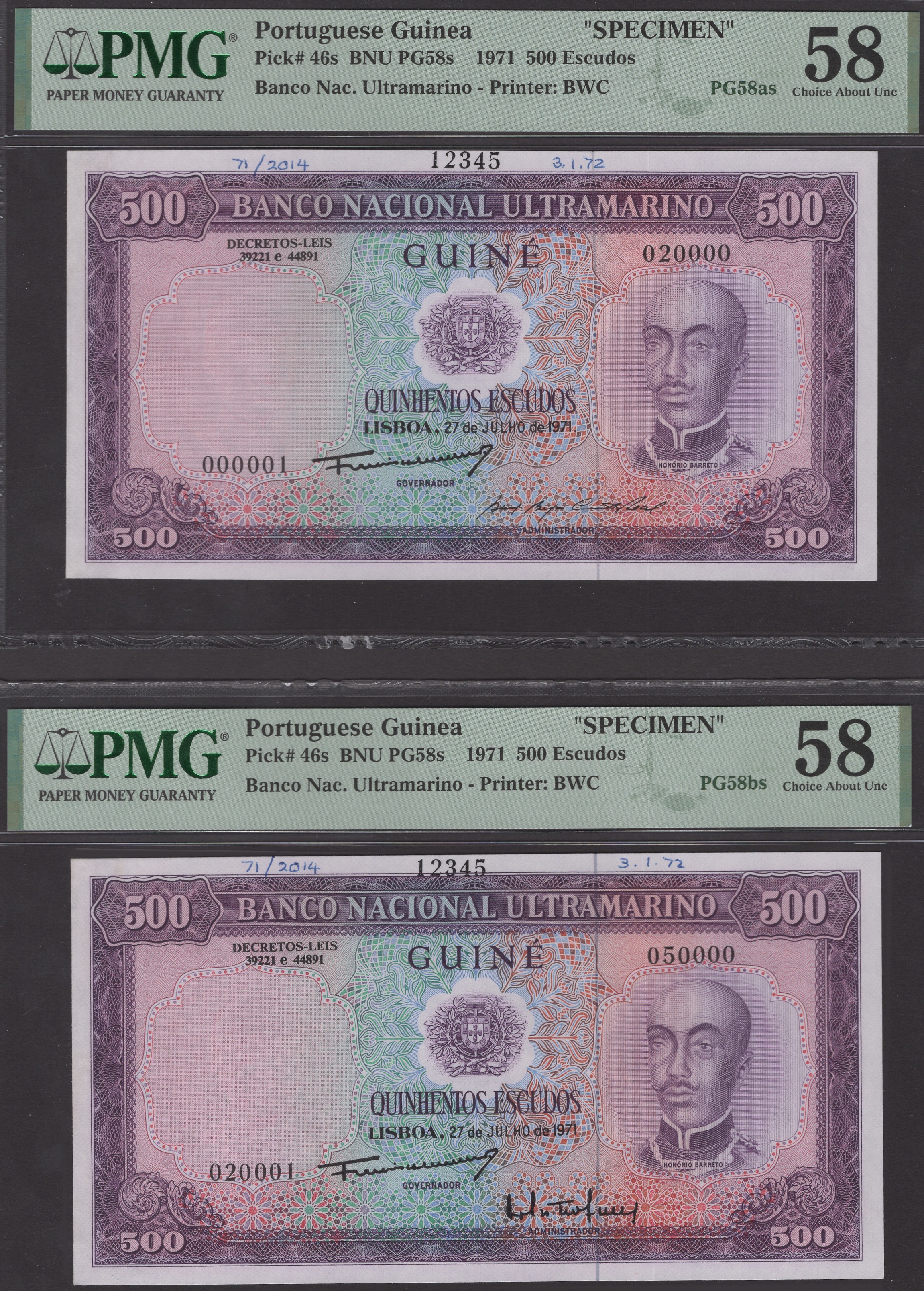 Banco Nacional Ultramarino, Portuguese Guinea, printers archival specimens for 500 Escudos...