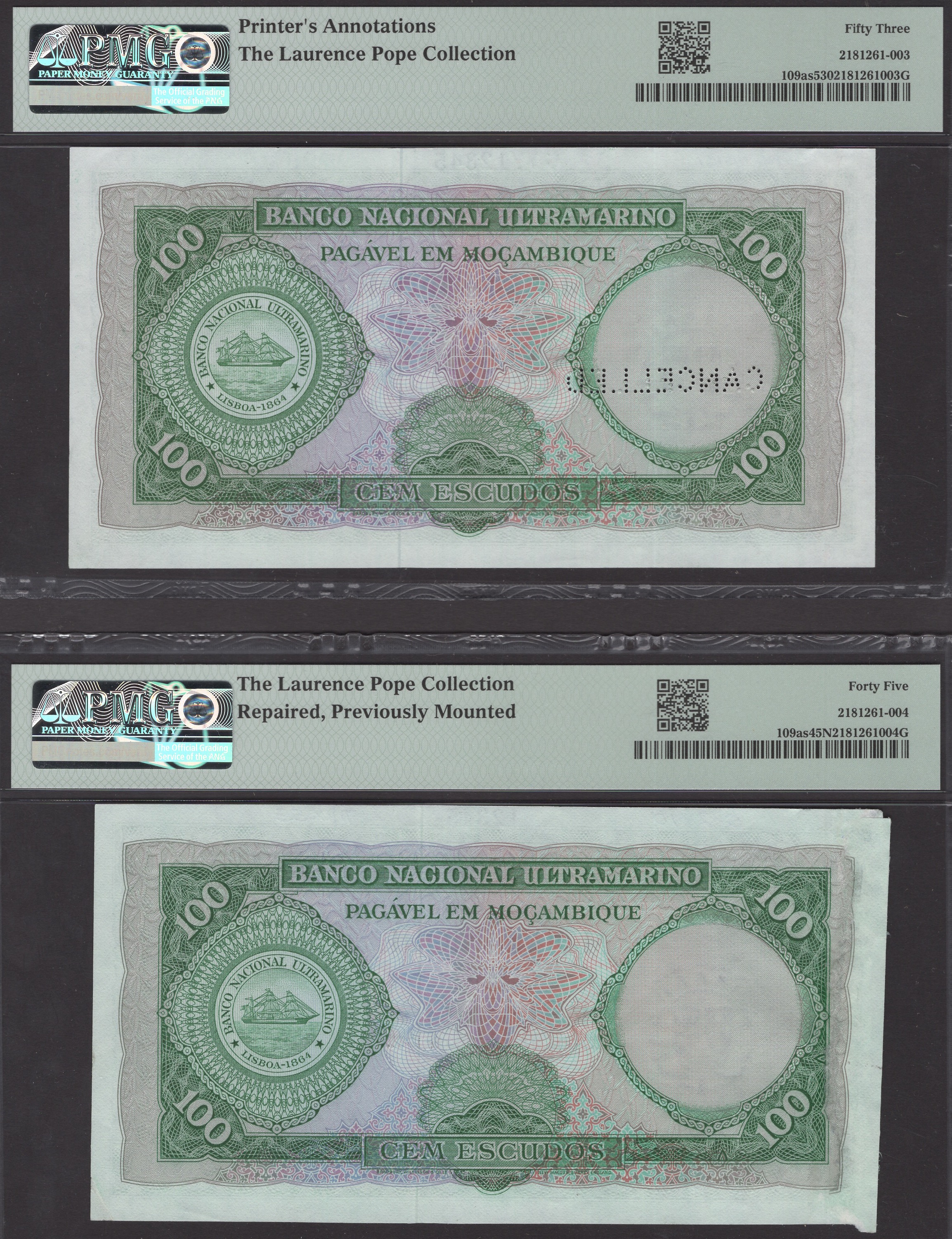 Banco Nacional Ultramarino, Mozambique, printers archival specimens for 100 Escudos (4), 27... - Bild 2 aus 4