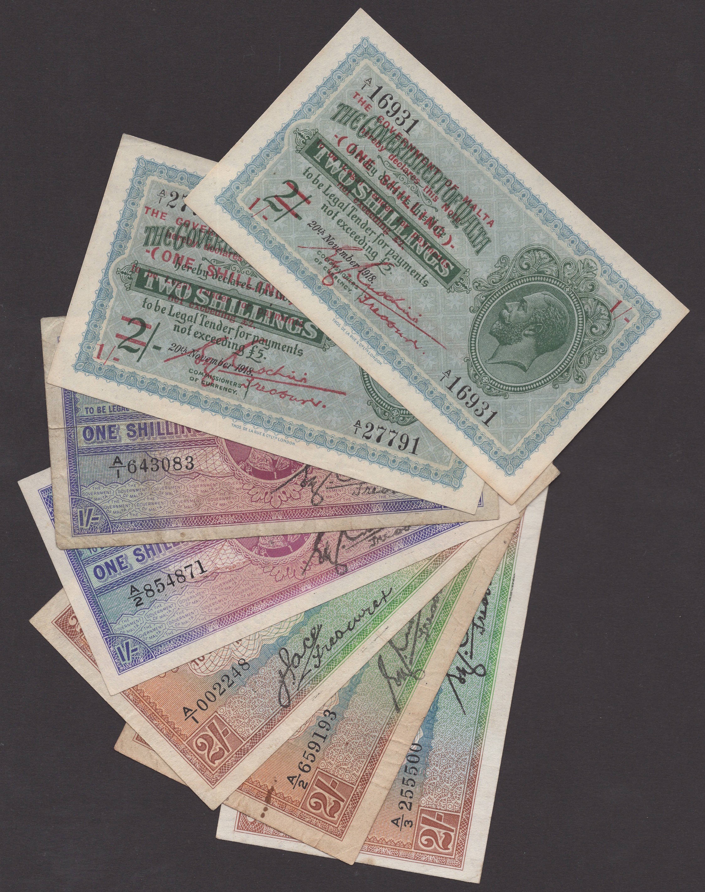 Government of Malta, 1 Shilling on 2 Shillings (2), 20 November 1918 (1940), prefix A/1,...