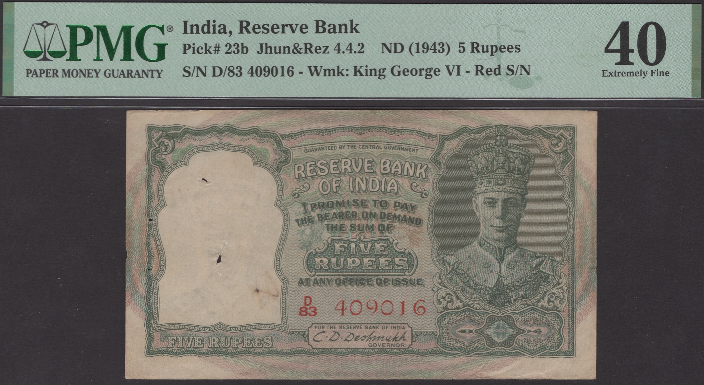 Reserve Bank of India, 5 Rupees, ND (1943), red serial number D/83 409016, Deshmukh...