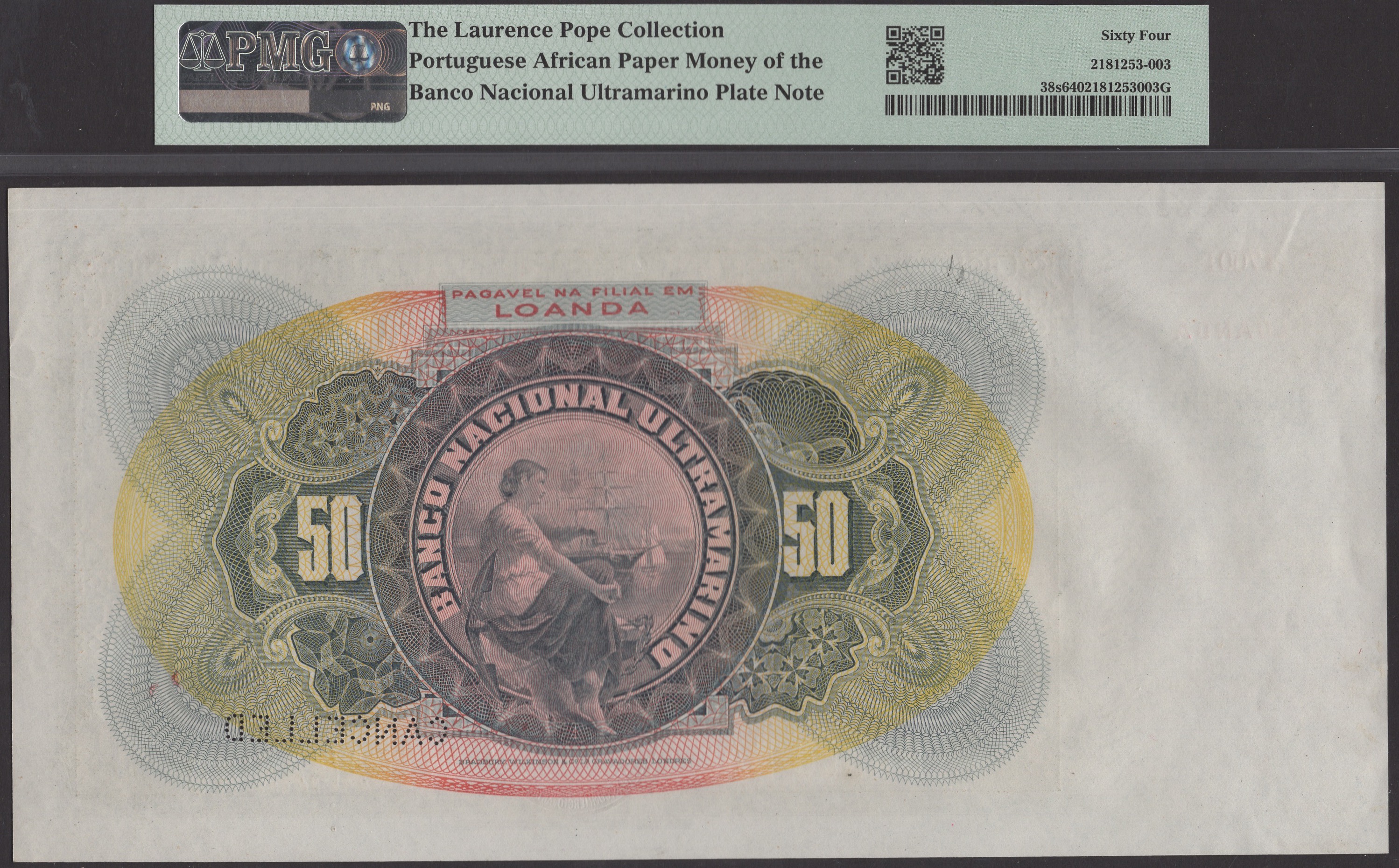 Banco Nacional Ultramarino, Angola, printers archival specimen 50 Mil Reis, 1 March 1909,... - Bild 2 aus 2