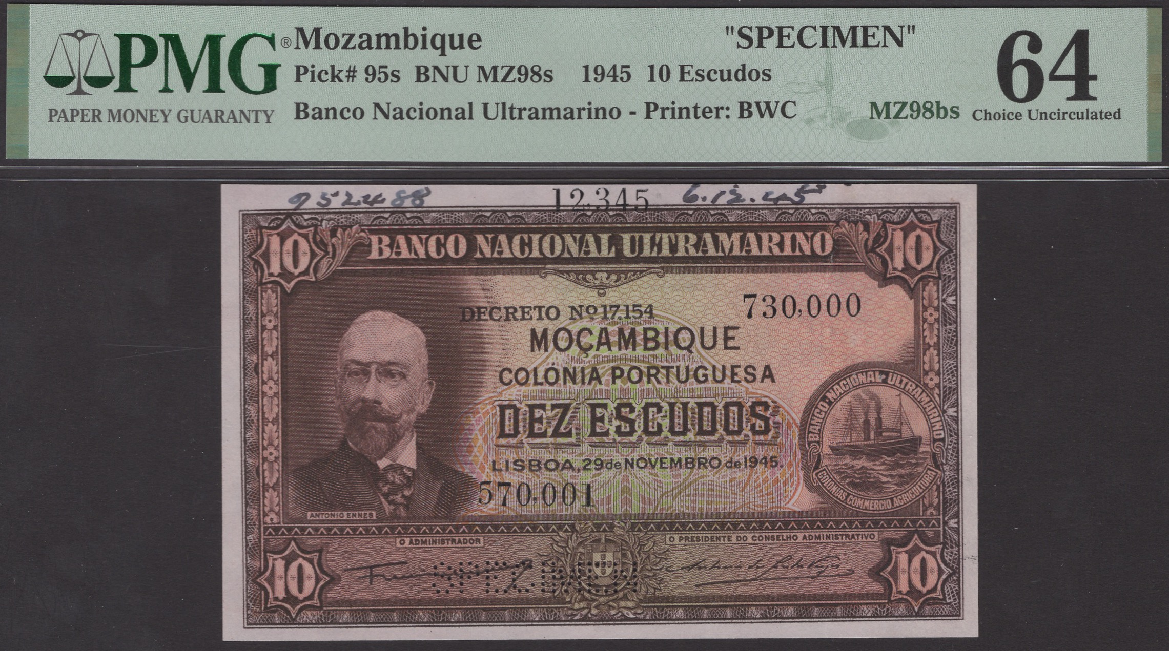 Banco Nacional Ultramarino, Mozambique, printers archival specimen 10 Escudos, 29 November...