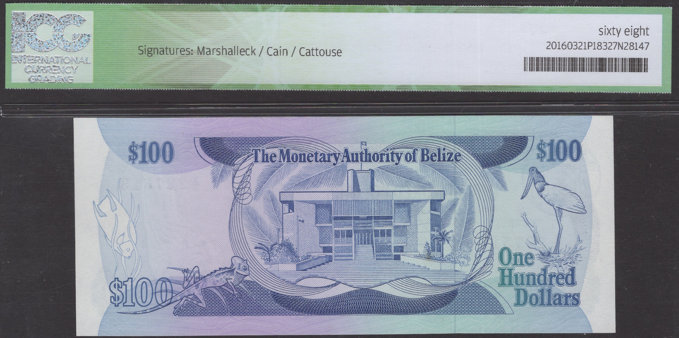 Monetary Authority of Belize, $100, 1 June 1980, serial number X/1 227513, signatures of... - Bild 2 aus 2