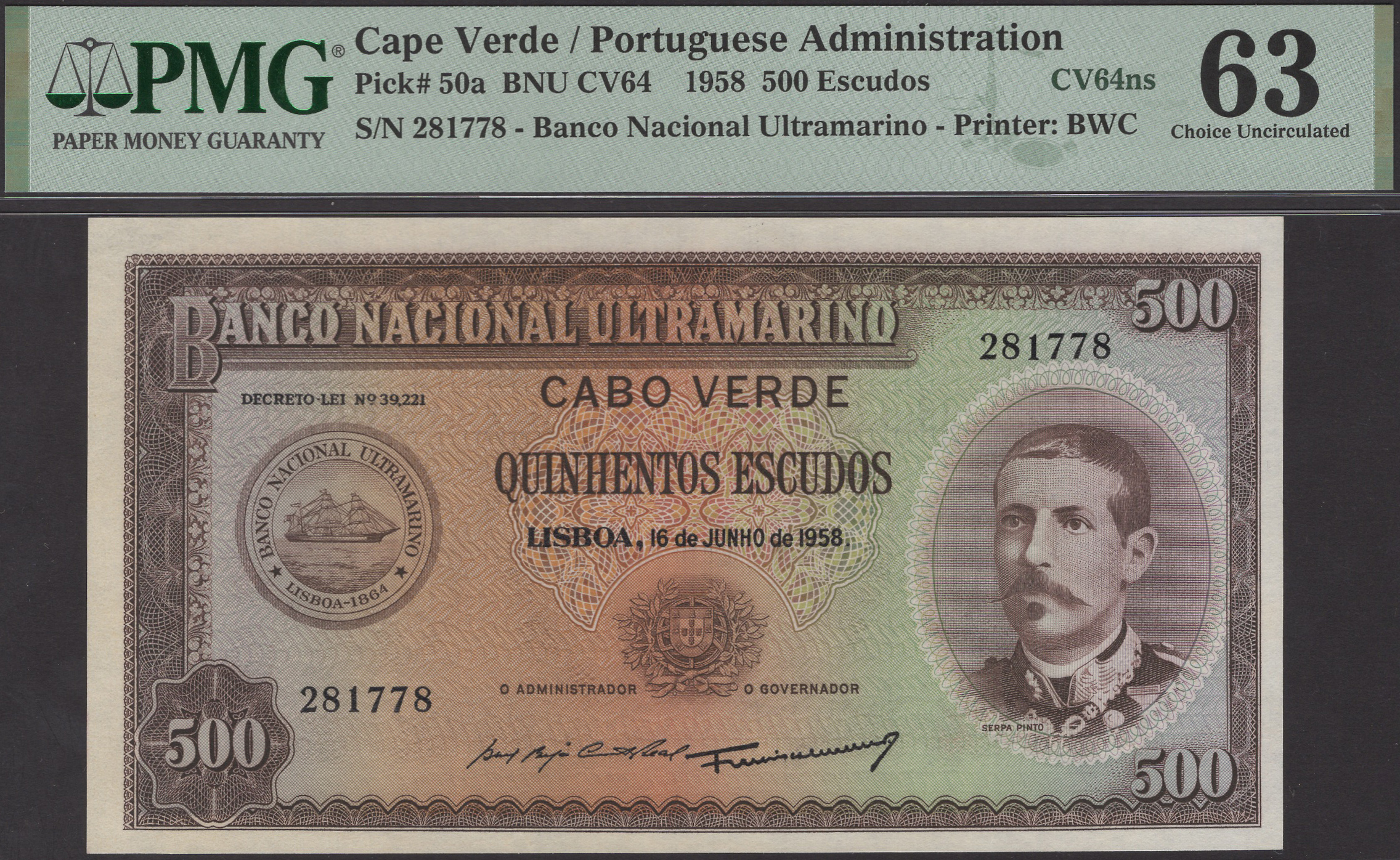 Banco Nacional Ultramarino, Cape Verde, 500 Escudos, 16 June 1958, serial number 271778,...