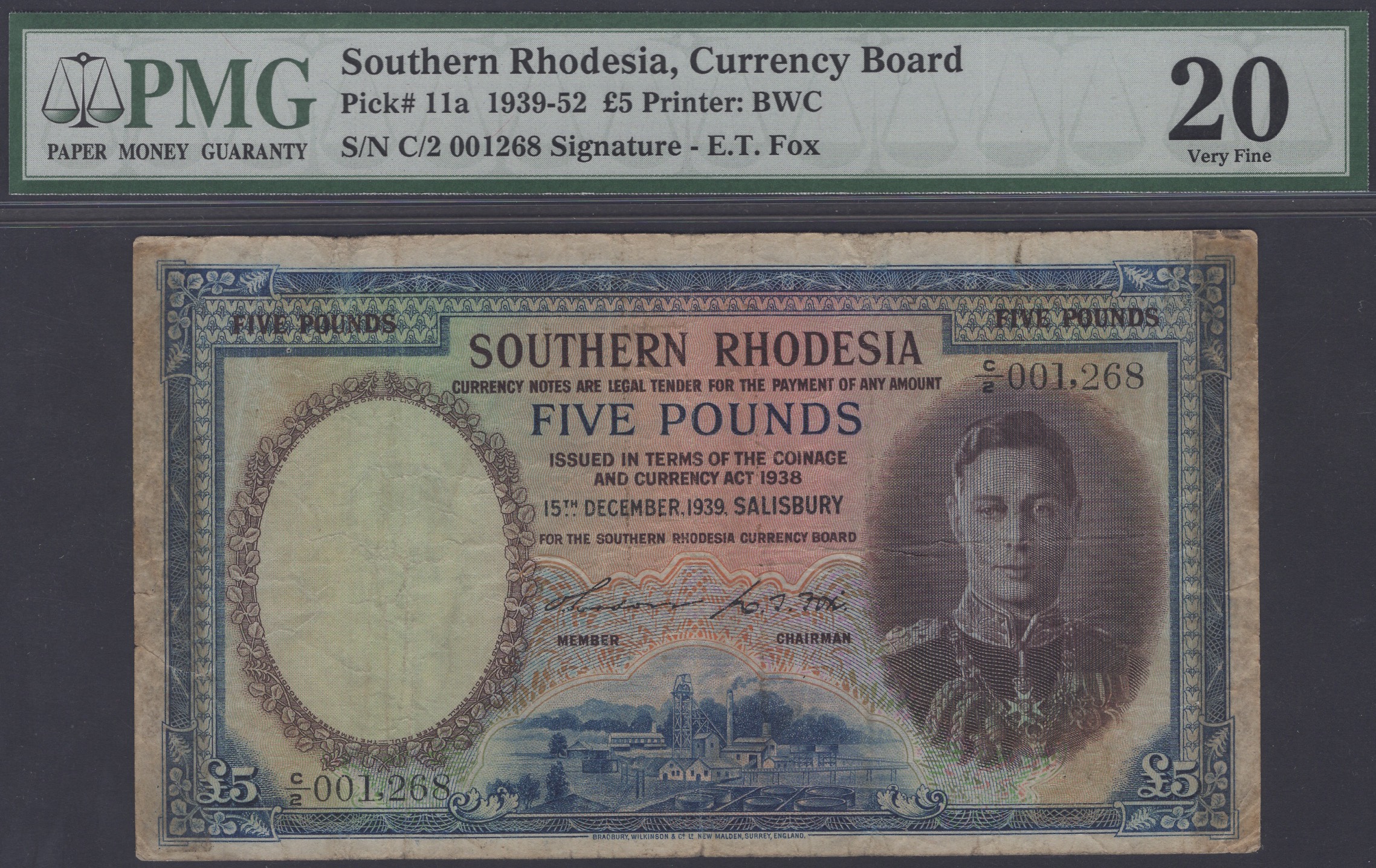 Southern Rhodesia Currency Board, Â£5, 15 December 1939, serial number C/2 001268, Gordon...