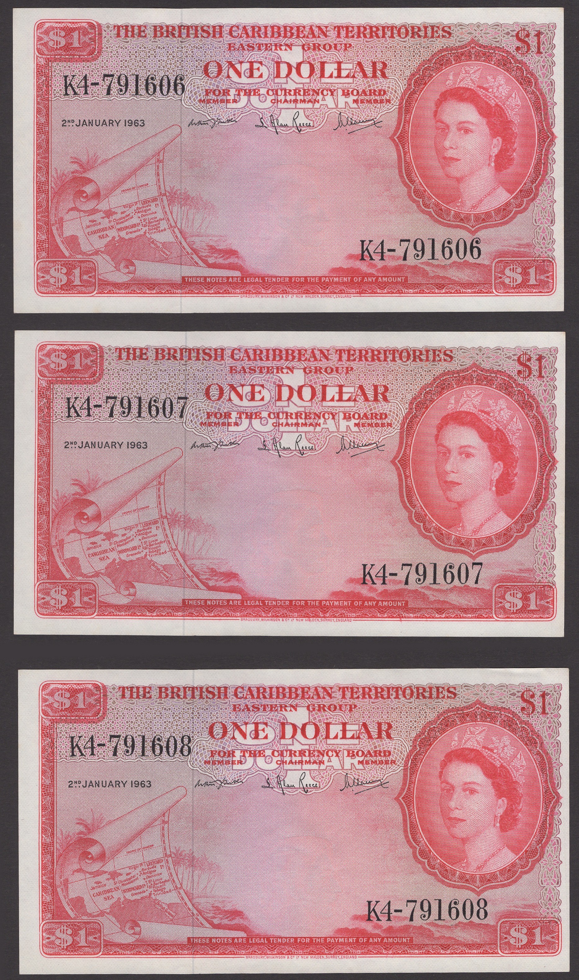 British Caribbean Territories, $1 (3), 2 January 1963, serial number K4-791606-08, Tubb,...