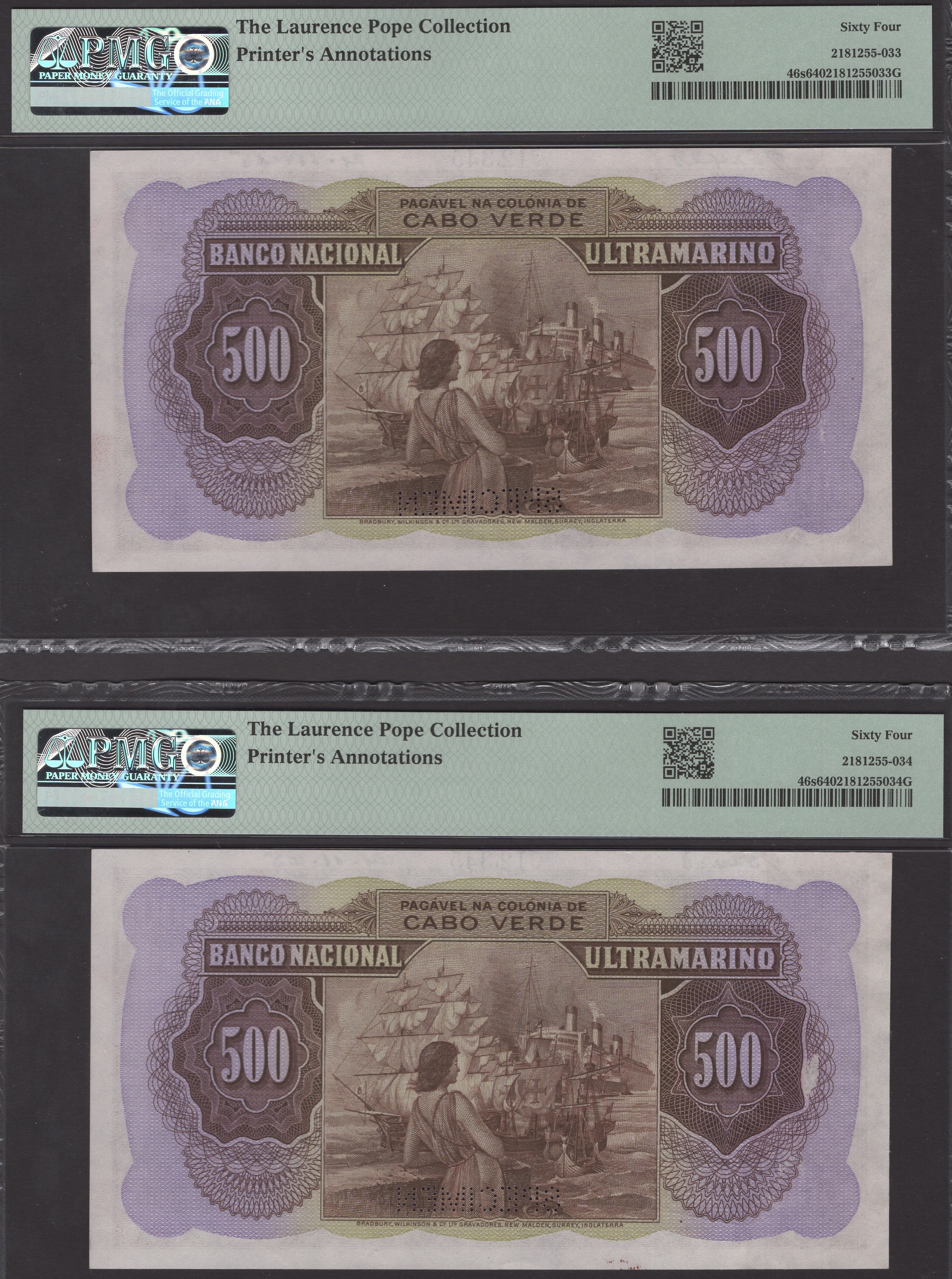 Banco Nacional Ultramarino, Cape Verde, printers archival specimen 500 Escudos (3), 16... - Bild 2 aus 4