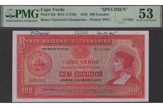 Banco Nacional Ultramarino, Cape Verde, printers archival specimen 100 Escudos (3), 16... - Image 3 of 4