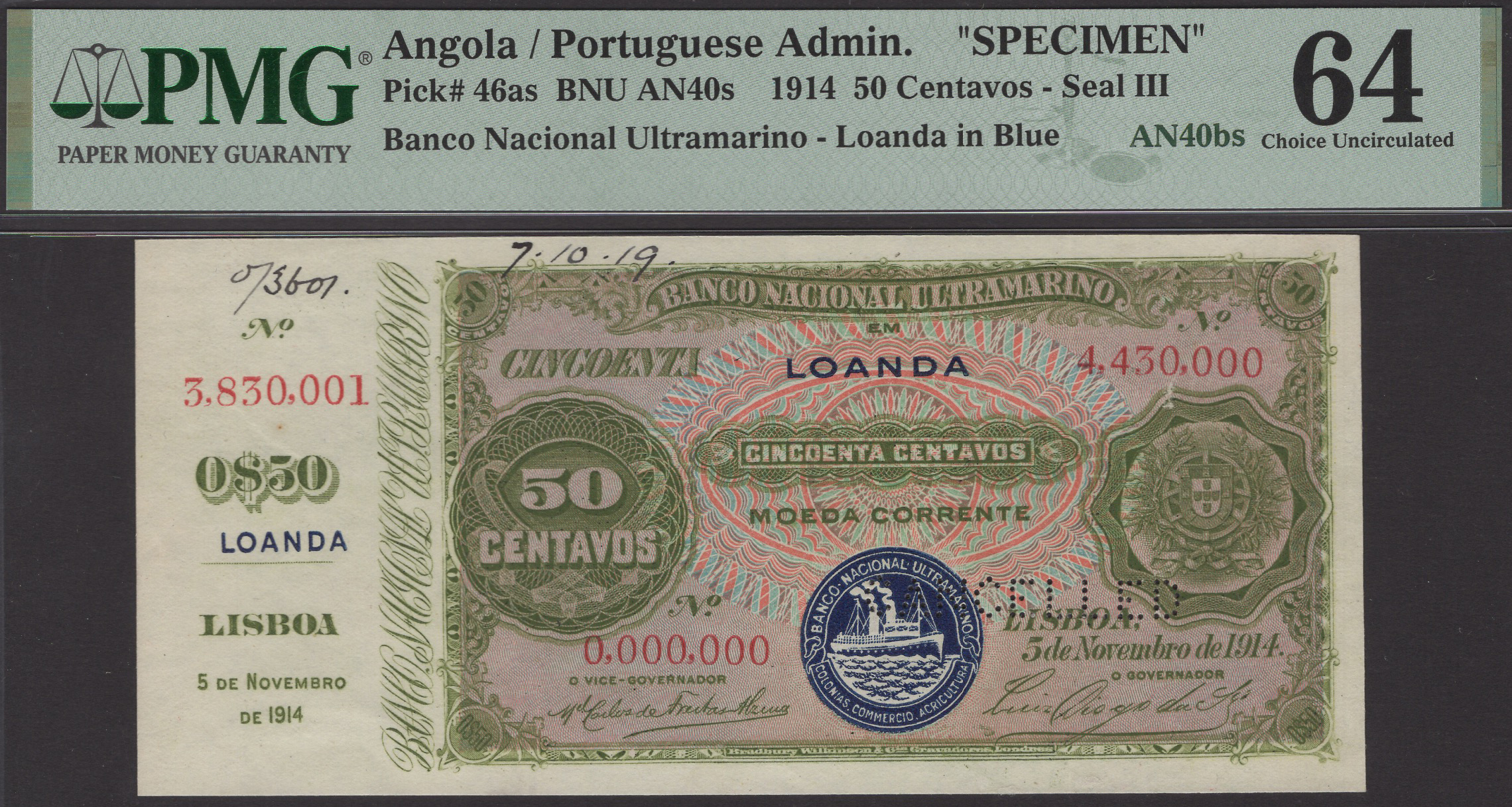 Banco Nacional Ultramarino, Angola, printers archival specimen 50 Centavos, 5 November...